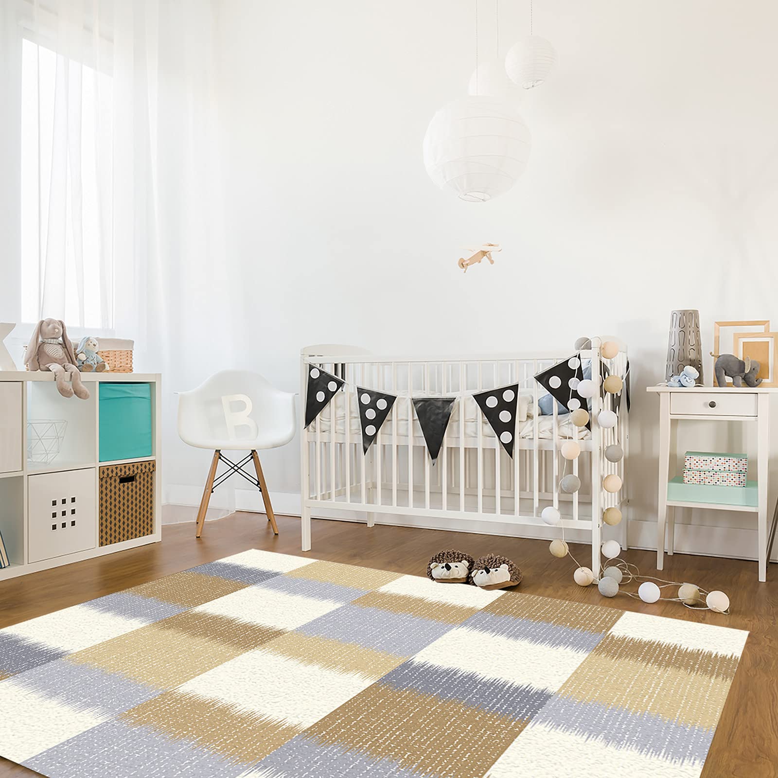 4'x7' Abstract Beige Plaid Area Runner Rug - Modern Washable Carpet for Indoor/Outdoor Use - Perfect for Kitchen, Living Room, Bathroom, Bedroom, Classroom & Laundry Room - Non-Slip Doormat & Welcome Mat with White Backing