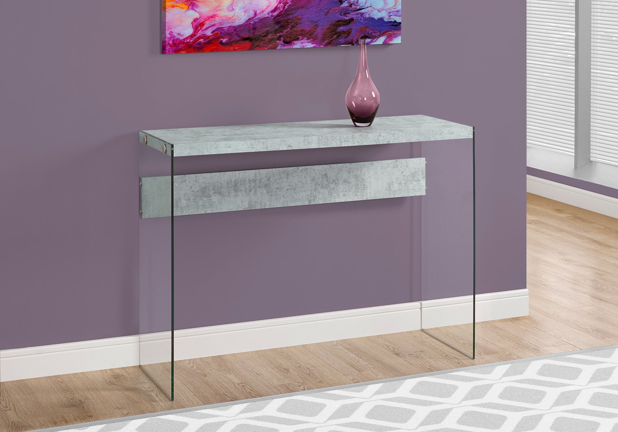 Modern Accent Table 44L with Grey Cement Base & Tempered Glass Top - Perfect for Living Room, Bedroom, or Office Decor