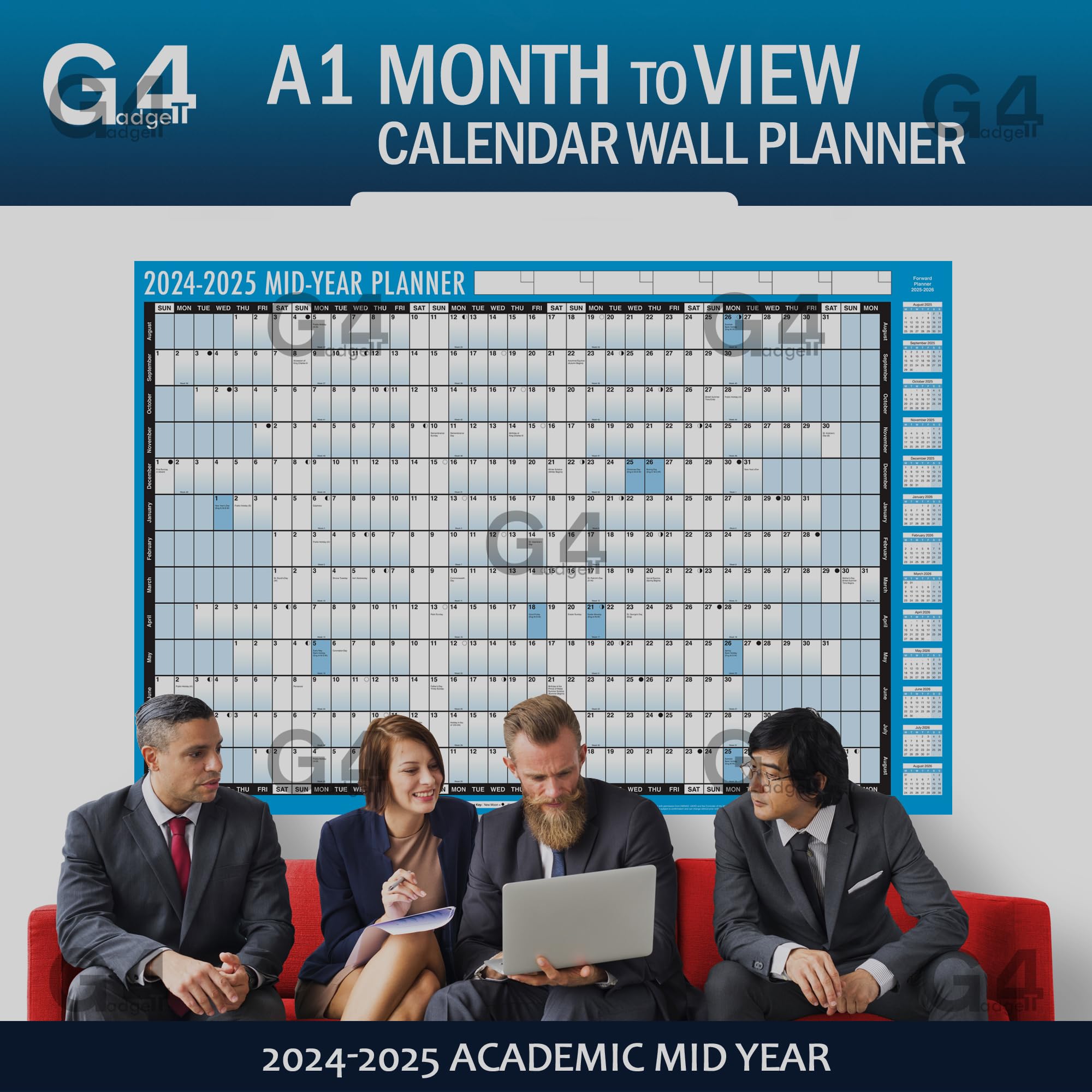 G4GADGET Academic Mid Year Planner 2024-2025 | Large A1 Size Wall Calendar (85cm x 58cm) | 13-Month Yearly Planner with UK Holidays | Perfect for Office, Home & School Organization | Great for Students, Teachers & Professionals