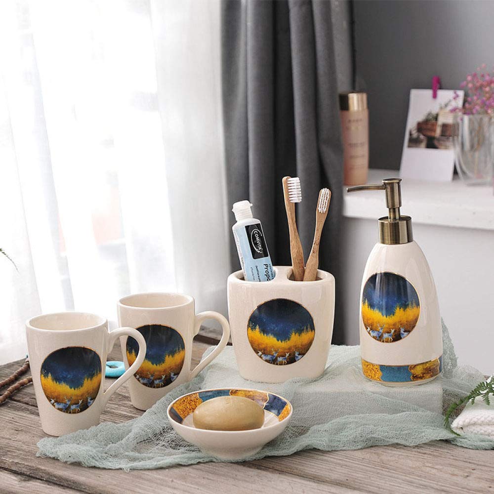 Vintage Ceramic Bathroom Accessories Set - 5 Piece Blue Sky Elk Beige Soap Dispenser, 2 Toothbrush Holders, Soap Dish & Cups for Home, Hotel Vanity Counter - Elegant Bathroom Decor for Modern & Rustic Interiors