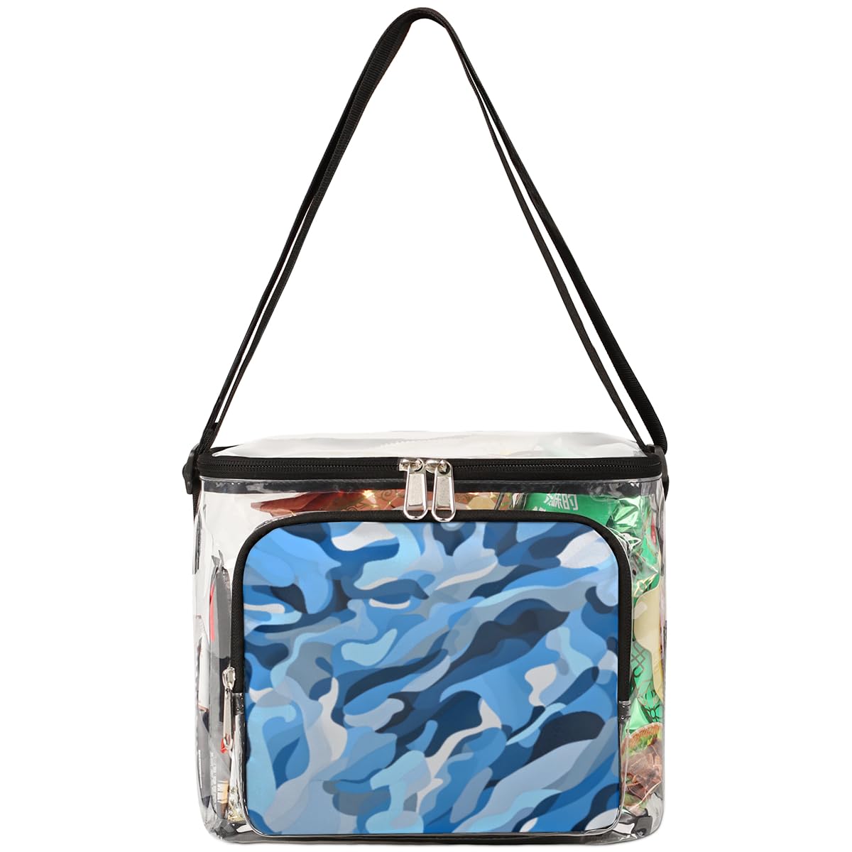 Blue Camouflage Clear Tote Bag with Handles - Transparent Crossbody Shoulder Bag for Lunch, Outdoor, Travel, Picnic, Concerts & Sports Events | Stadium Approved Abstract Camo Skin Design | Perfect for Beach Days, Music Festivals and Shopping Trips