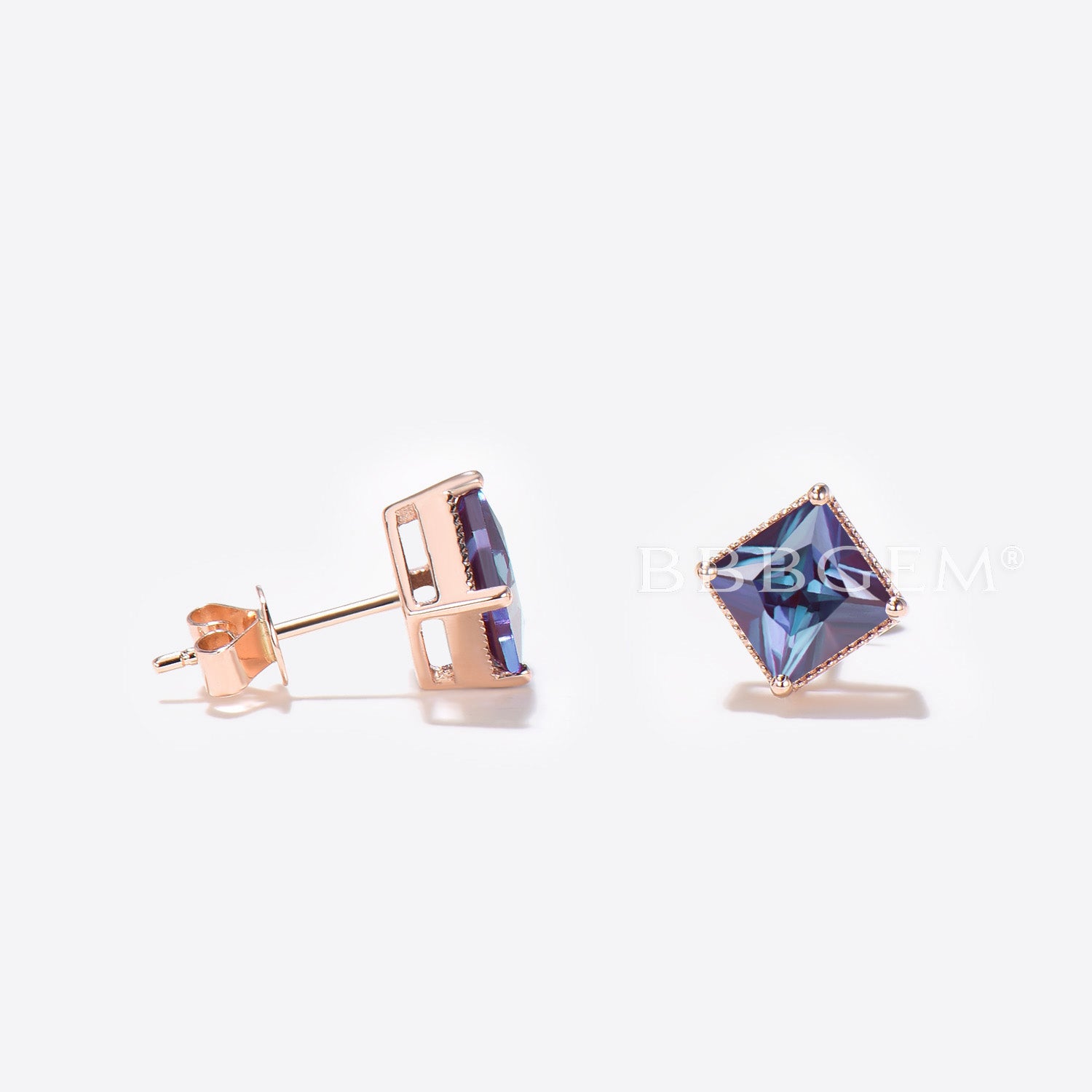 Princess Cut Alexandrite Stud Earrings - Minimalist June Birthstone Jewelry for Wedding, Anniversary & Gift | Hypoallergenic Sterling Silver Earrings for Women