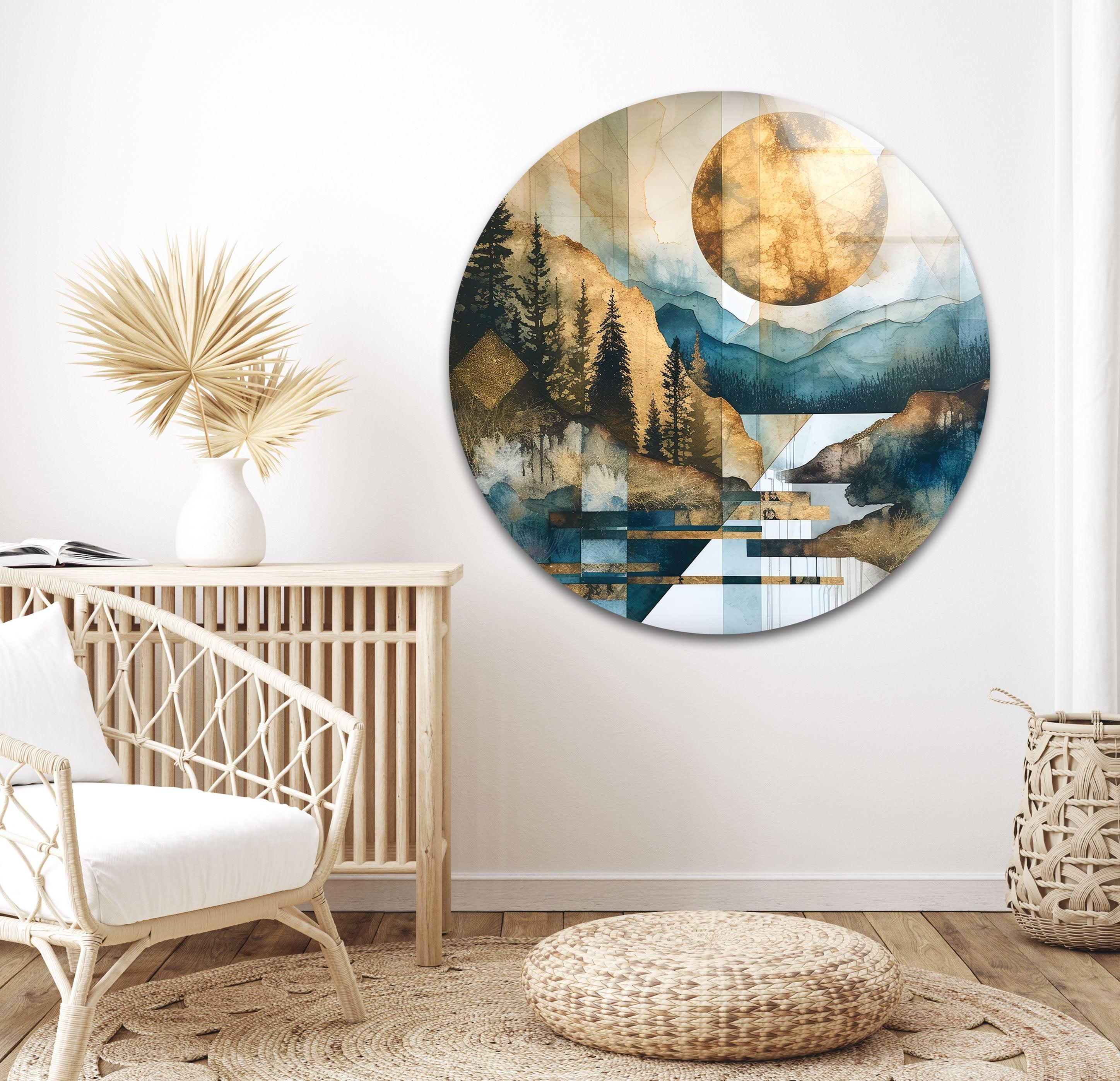 Abstract Golden Sun Glass Wall Art - Geometric Mountain & Nature Landscape Decor for Living Room, Bedroom, Office - Modern Home & Office Decoration