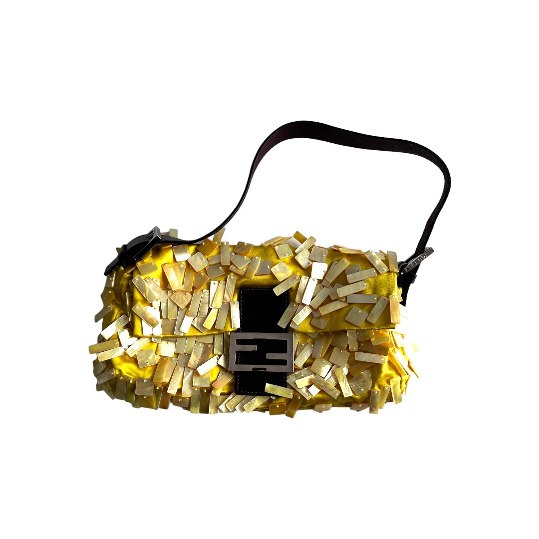 Vintage Fendi Lemon Satin Mother of Pearl Baguette Bag - Luxury Designer Crossbody Purse for Women, Perfect for Parties, Weddings & Evening Events
