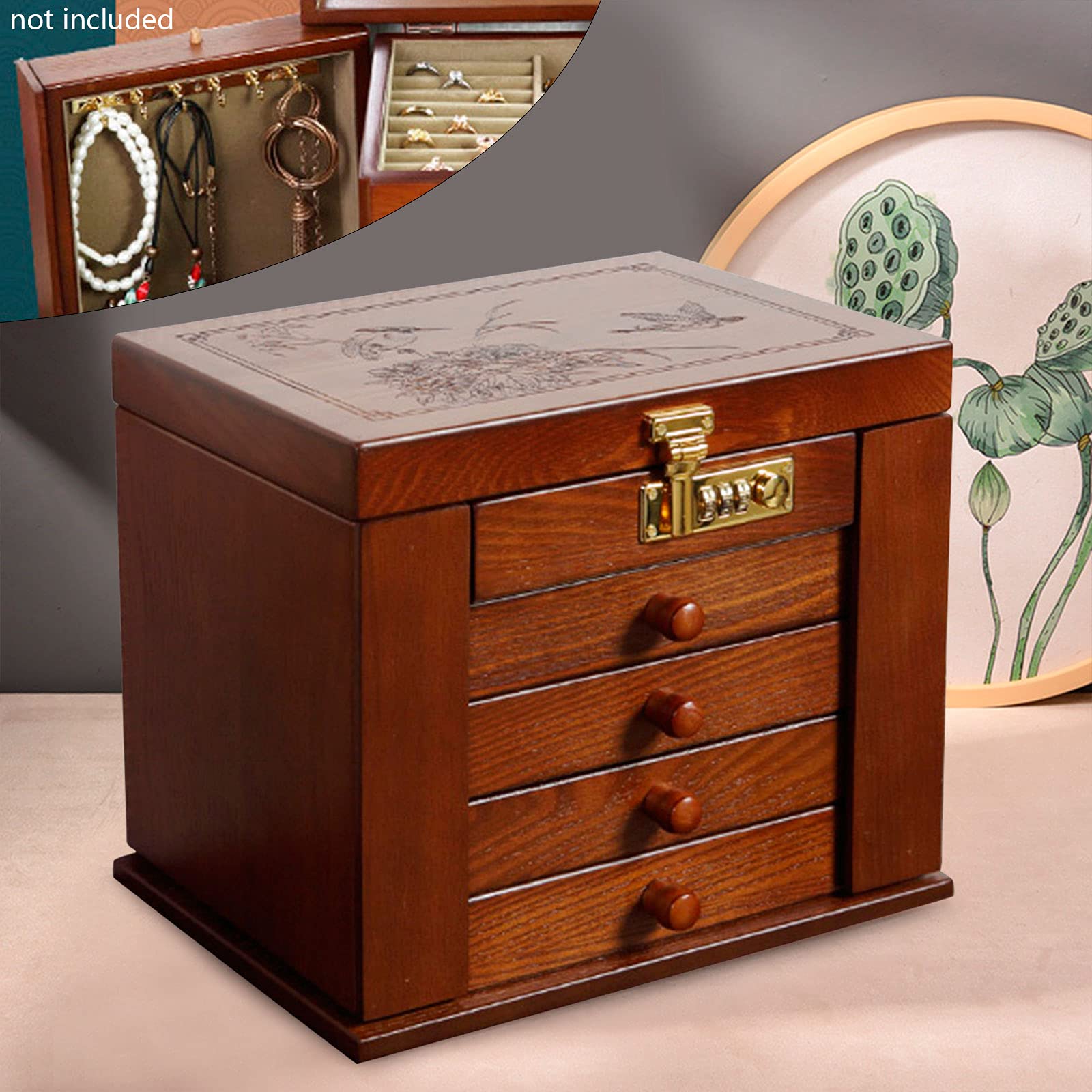 Wooden Jewelry Box Organizer with Combination Lock - Large Lockable Dresser Top Jewelry Storage Case with Mirror, Dark Brown - Perfect for Bedroom Vanity, Travel & Gift Giving