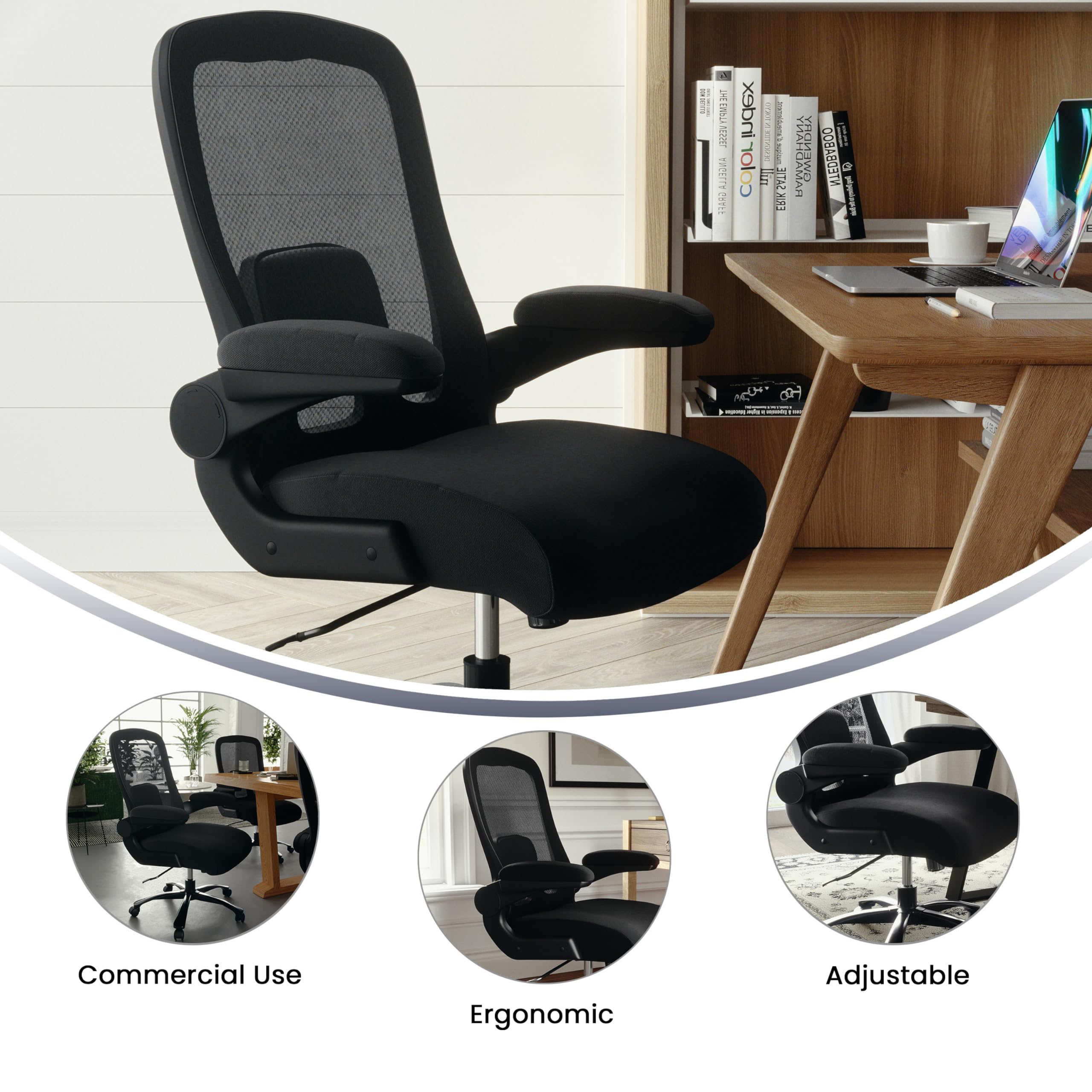 Flash Furniture Big & Tall Ergonomic Mesh Office & Gaming Chair with Lumbar Support, Adjustable Height & Flip-Up Armrests - Black - Perfect for Long Work Hours & Intense Gaming Sessions