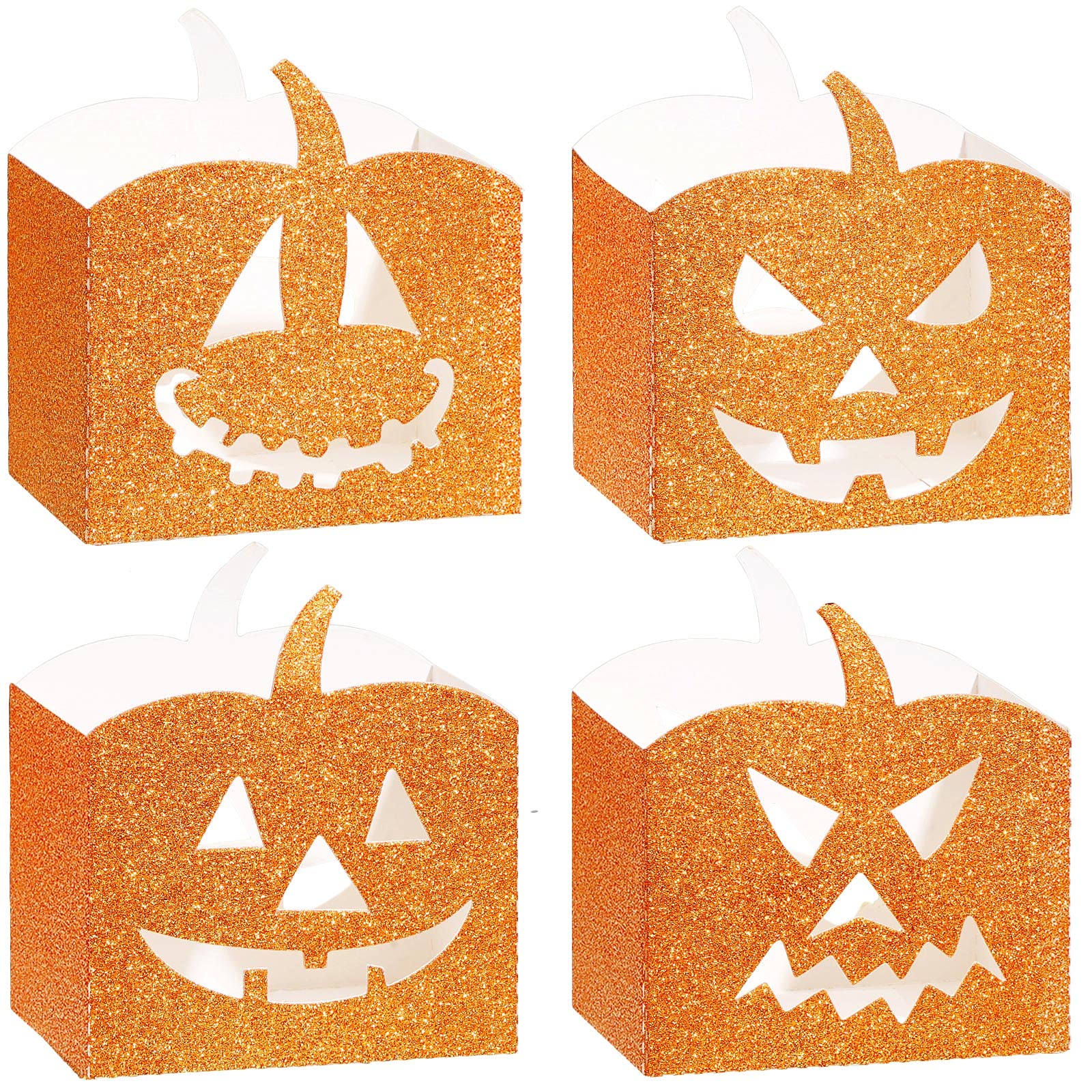 Ziliny 20-Pack Halloween Party Favor Candy Boxes - Glitter Pumpkin Treat Boxes for Trick or Treat, Halloween & Birthday Party Decor (4 Styles, Orange) - Perfect for Classroom Treats, Candy Exchange & Themed Party Favors