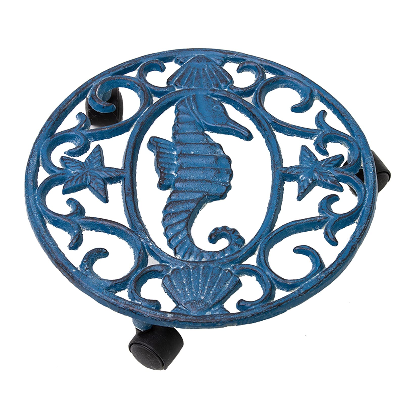 11 Inch Heavy Duty Cast Iron Plant Caddy with Wheels - Antique Round Rolling Plant Stand for Indoor/Outdoor Use - Blue Flower Pot Trolley for Garden, Patio & Home Decor