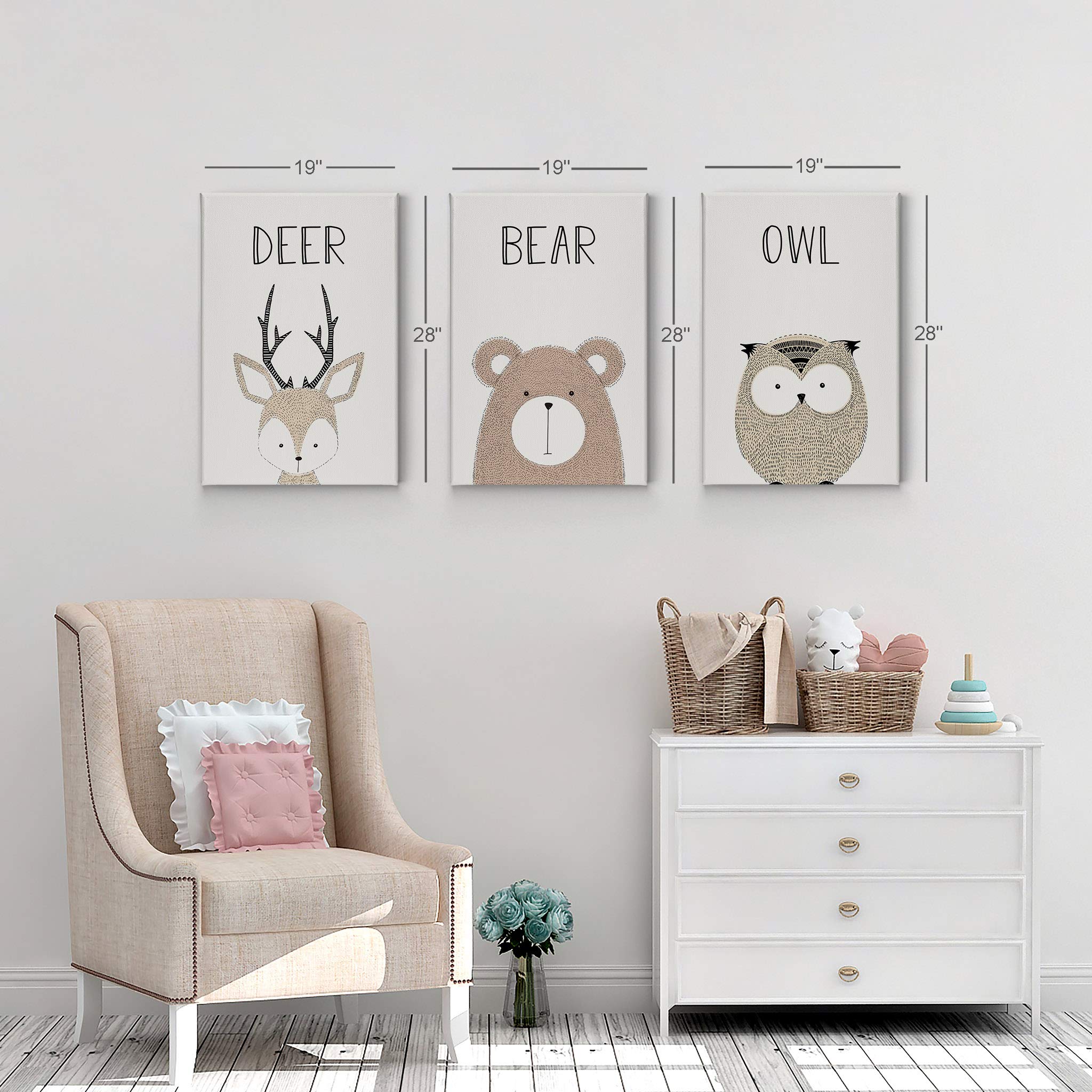 3-Piece Canvas Print Set - Pretty Deer, Bear & Owl Painting with Lettering on Cream Background | Kids Room Decor, Nursery Wall Art for Baby Boys & Girls | Made in USA | Rolled Up (40x30 inches) | Perfect for Nursery, Playroom & Children's Bedroom Decor