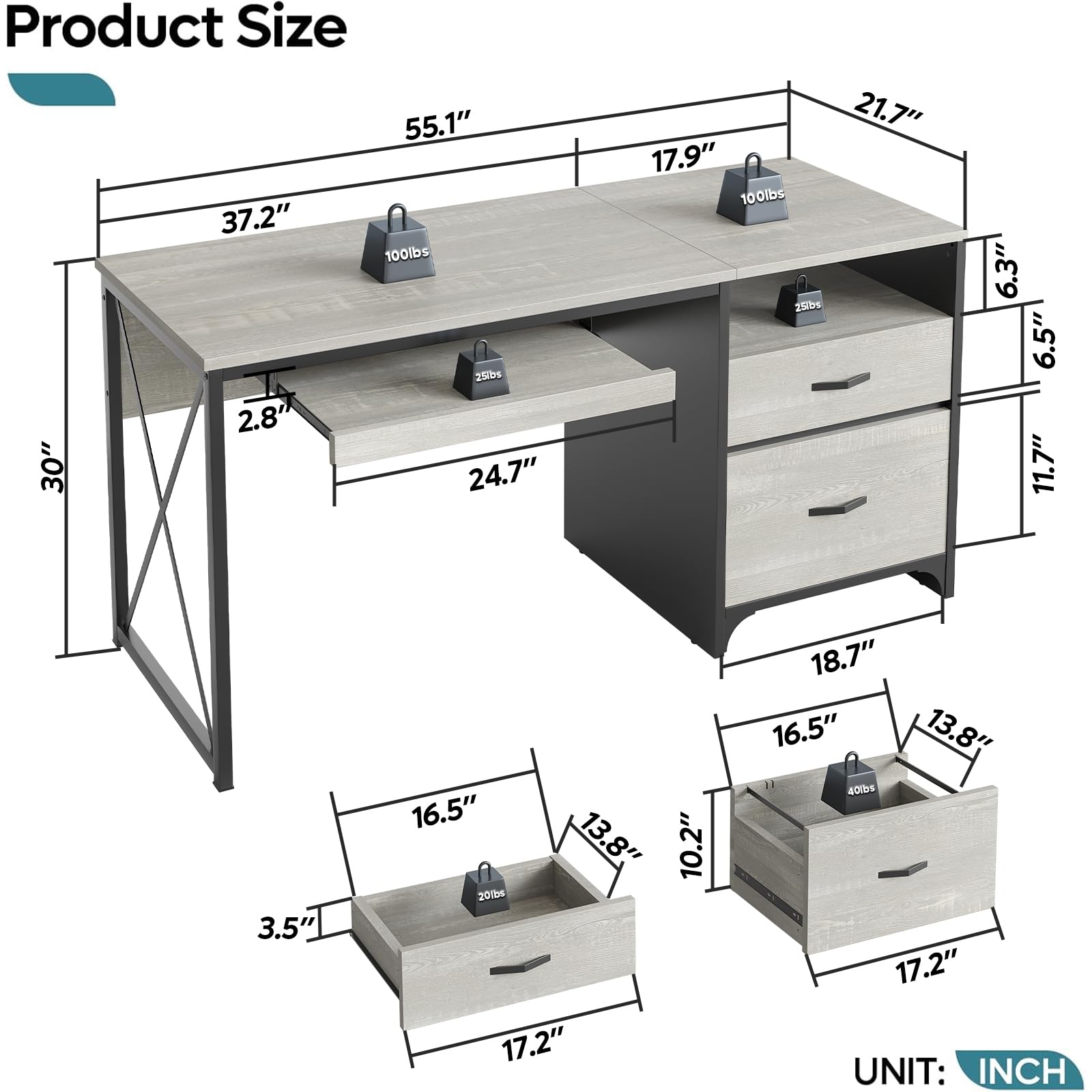Bestier 55 Inch Industrial Office Desk with Drawers & Keyboard Tray - Wooden Computer Desk with Storage Shelf & File Drawer - Home Office Desk for Work, Study & Gaming - Wash White Finish