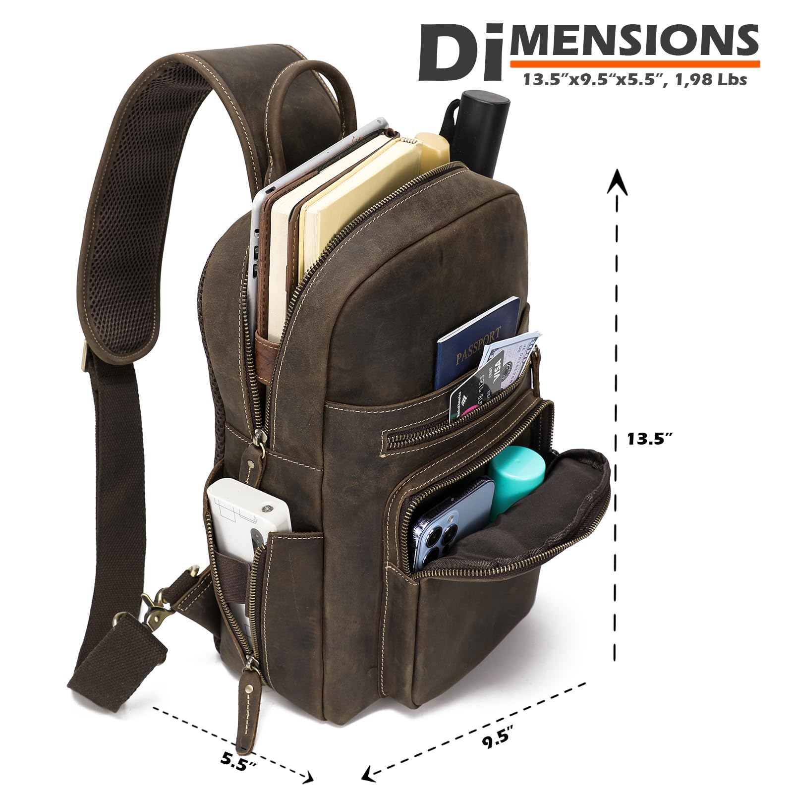 Premium Full Grain Leather Sling Chest Bag for 12.9