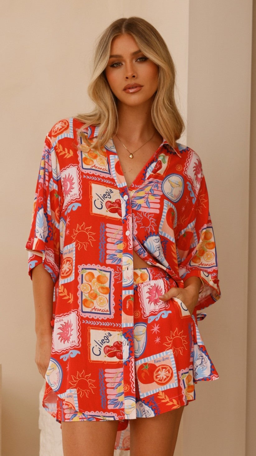 Aria Button Up Shirt and Short Set - Travel Tales Red | Stylish Summer Outfit for Women | Perfect for Travel, Beach & Casual Wear