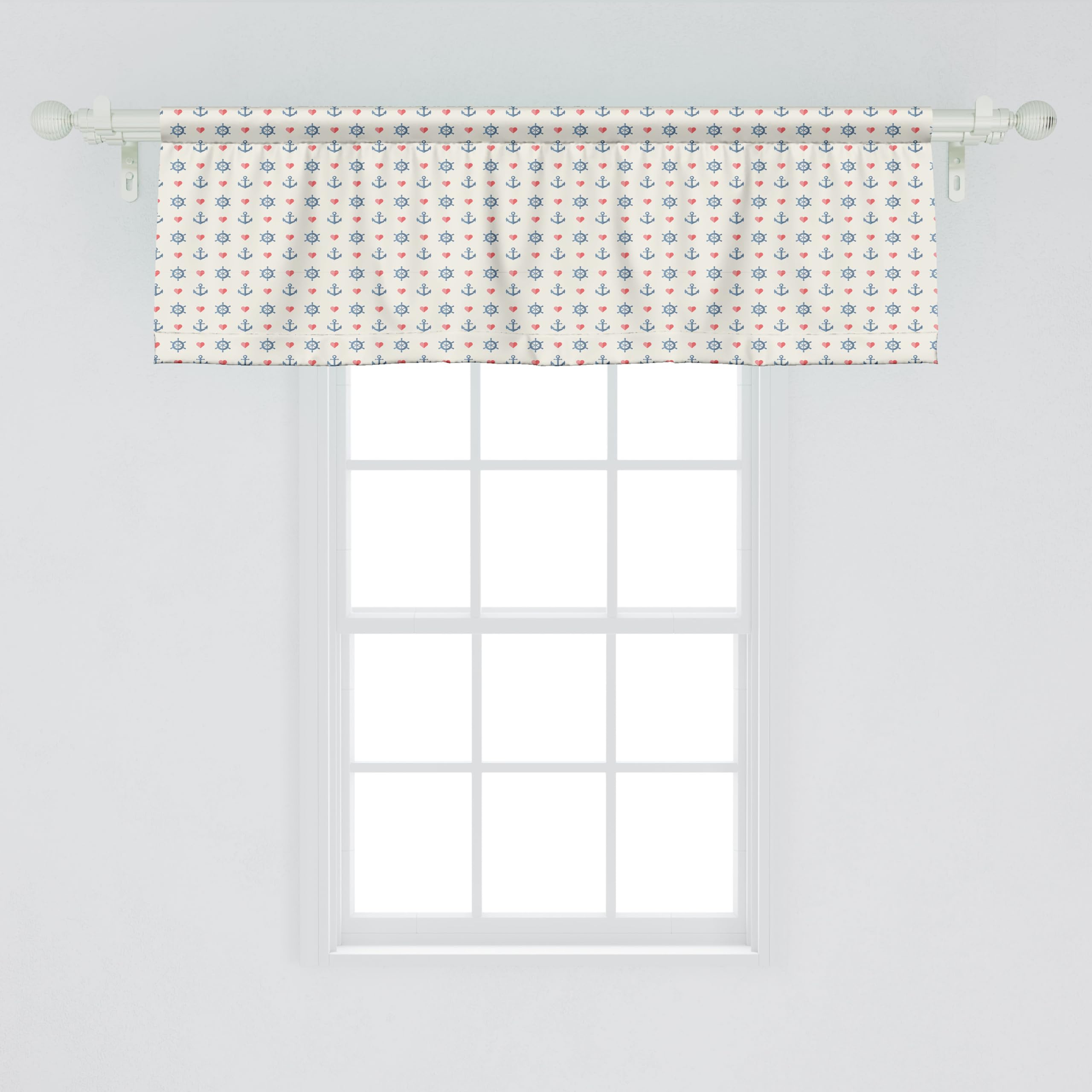 Ambesonne Anchor Window Valance - Nautical Maritime Curtain with Sea & Red Hearts Design, Blue Red White Kitchen & Bedroom Decor, Rod Pocket Valance 54x18 Inches | Perfect for Coastal, Beach House & Romantic Home Decor