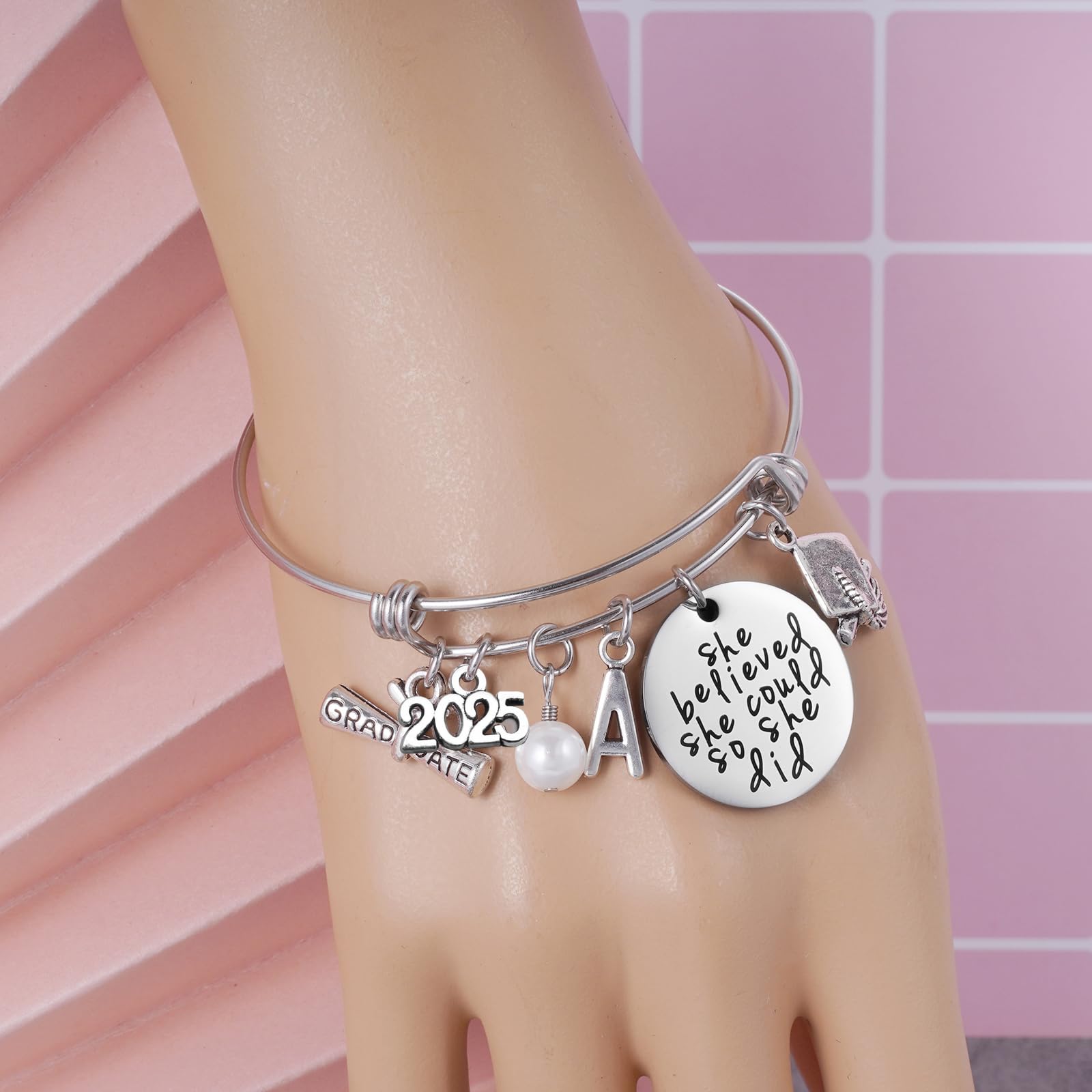 Ukodnus Class of 2025 Graduation Bracelet - Personalized 26 Initial Charm Bracelet for High School & College Seniors - Inspirational Gift for Women - Perfect for Graduation Ceremonies & Senior Year Celebrations