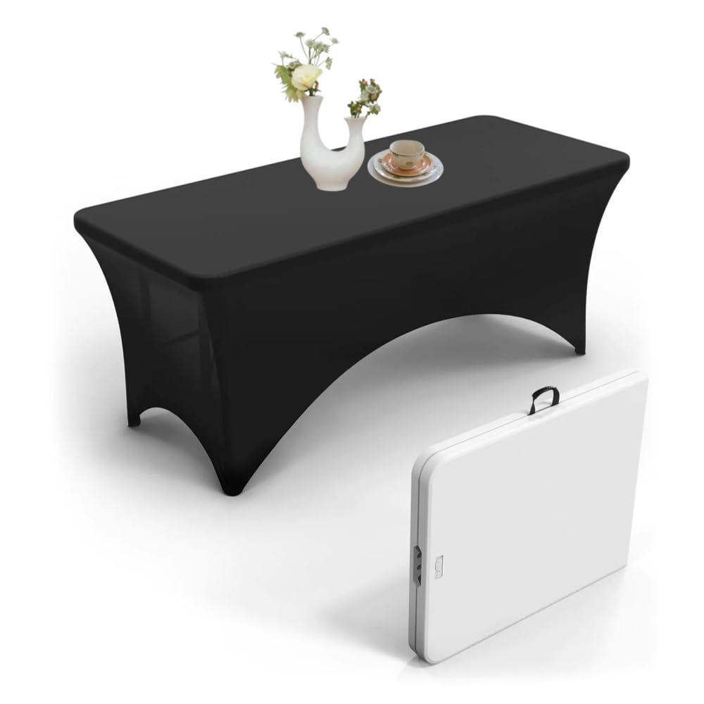 Stretchable Elastic Tablecloth for 4ft Rectangle Tables - Fits Lifetime, COSCO & Mainstays Folding Tables - Heavy Duty Wrinkle Resistant Spandex Fabric - Black Table Cover for Parties, Weddings & Outdoor Events