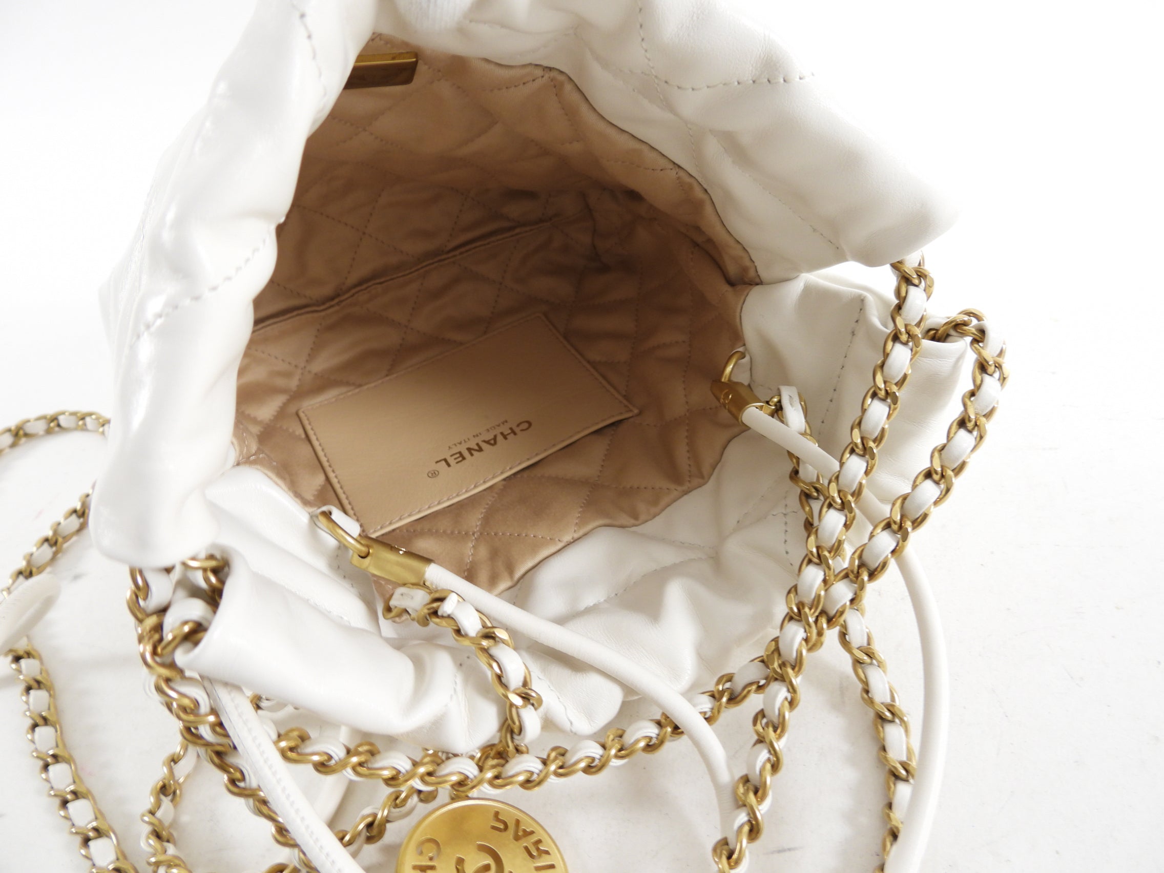 Chanel 22 Mini Chain Bag in White Glossed Leather with Signature Logo - Perfect for Evening Events, Date Nights & Luxury Fashion Accessories