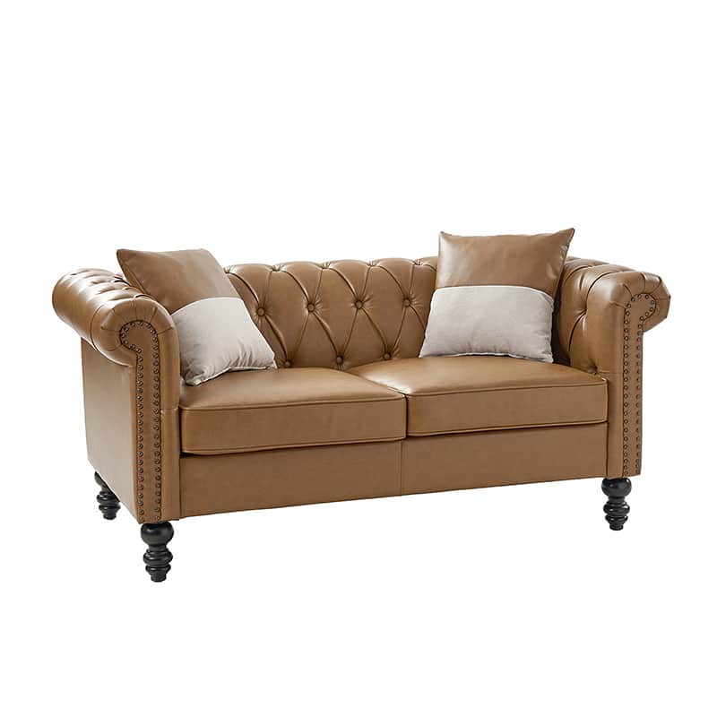 Premium Olga PU Leather Classic Rolled Arms Sofa - Modern Living Room Furniture with 2 Decorative Throw Pillows | Perfect for Small Spaces, Apartments & Cozy Home Decor