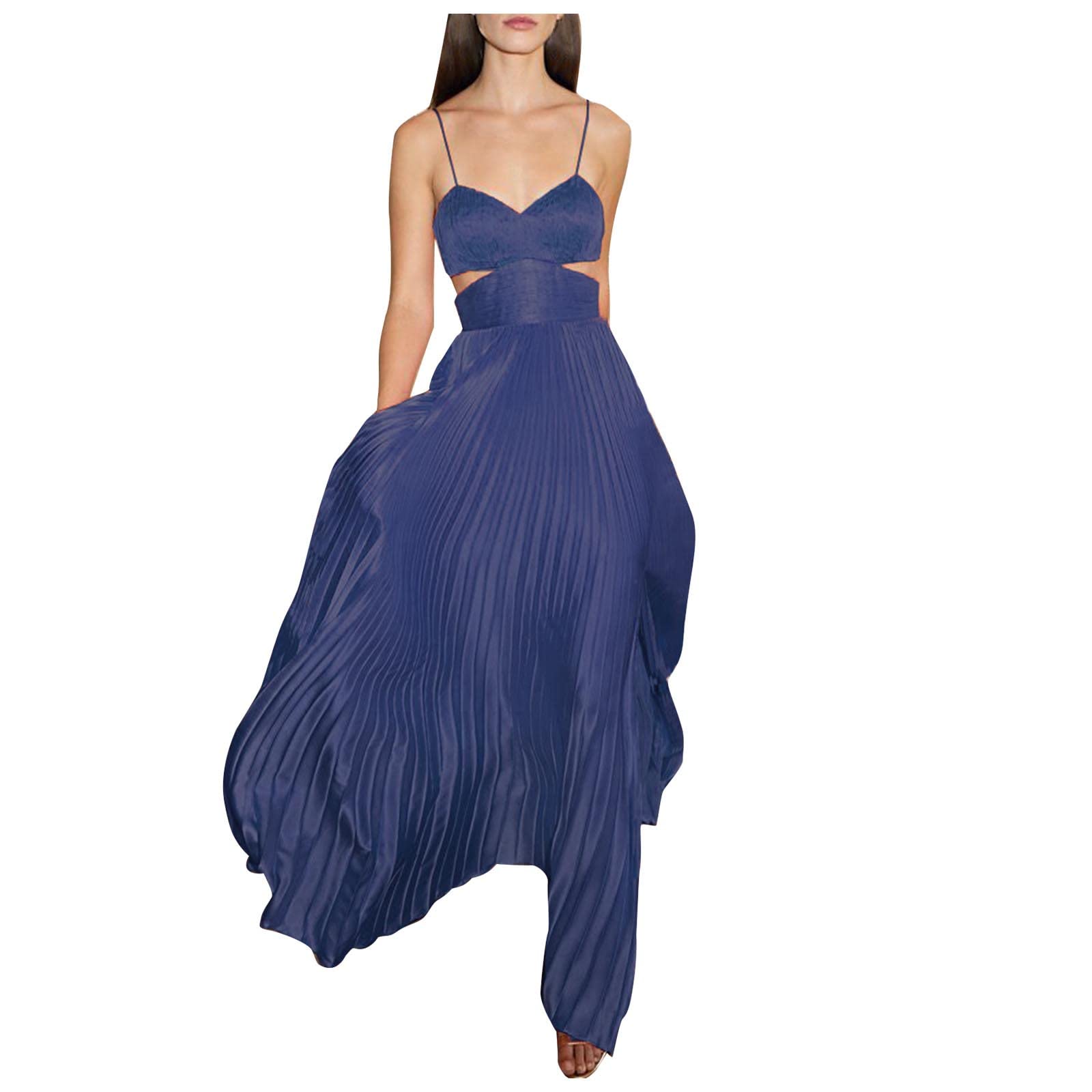 Women's Summer Casual Sleeveless V-Neck Solid Maxi Dress - Flowy Swing Hollowed Spaghetti Strap Wedding Guest Dress | Perfect for Beach Vacations, Garden Parties & Summer Weddings