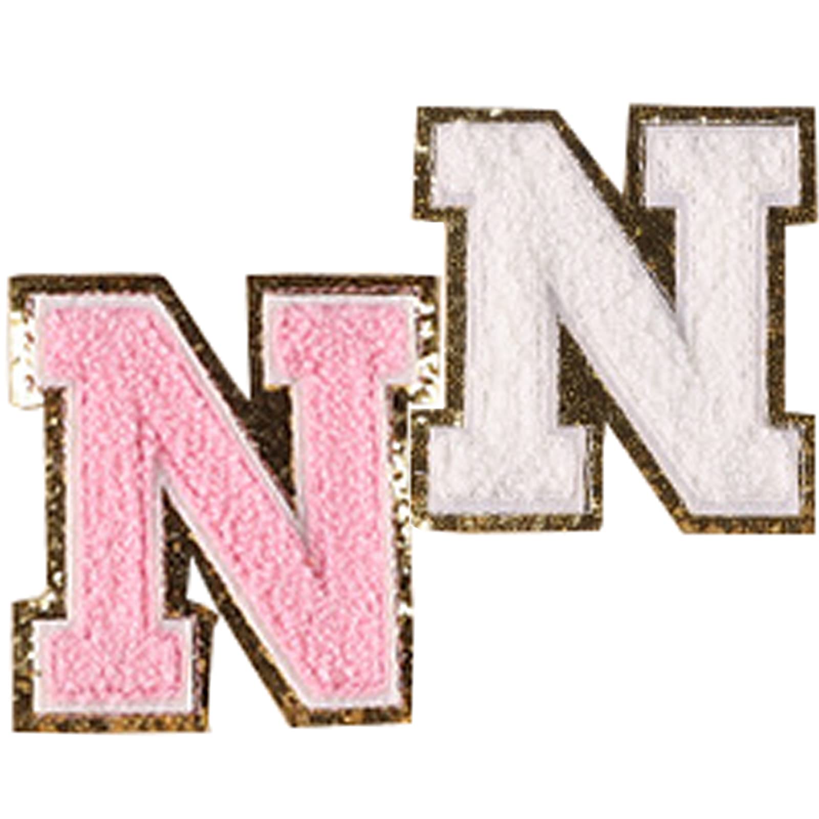 Gold Glitter Iron-On Letter Patches - Varsity Initial Patches with Adhesive Back (Pink & White, 2PCS) - Perfect for Jackets, Backpacks, Jeans & DIY Crafts