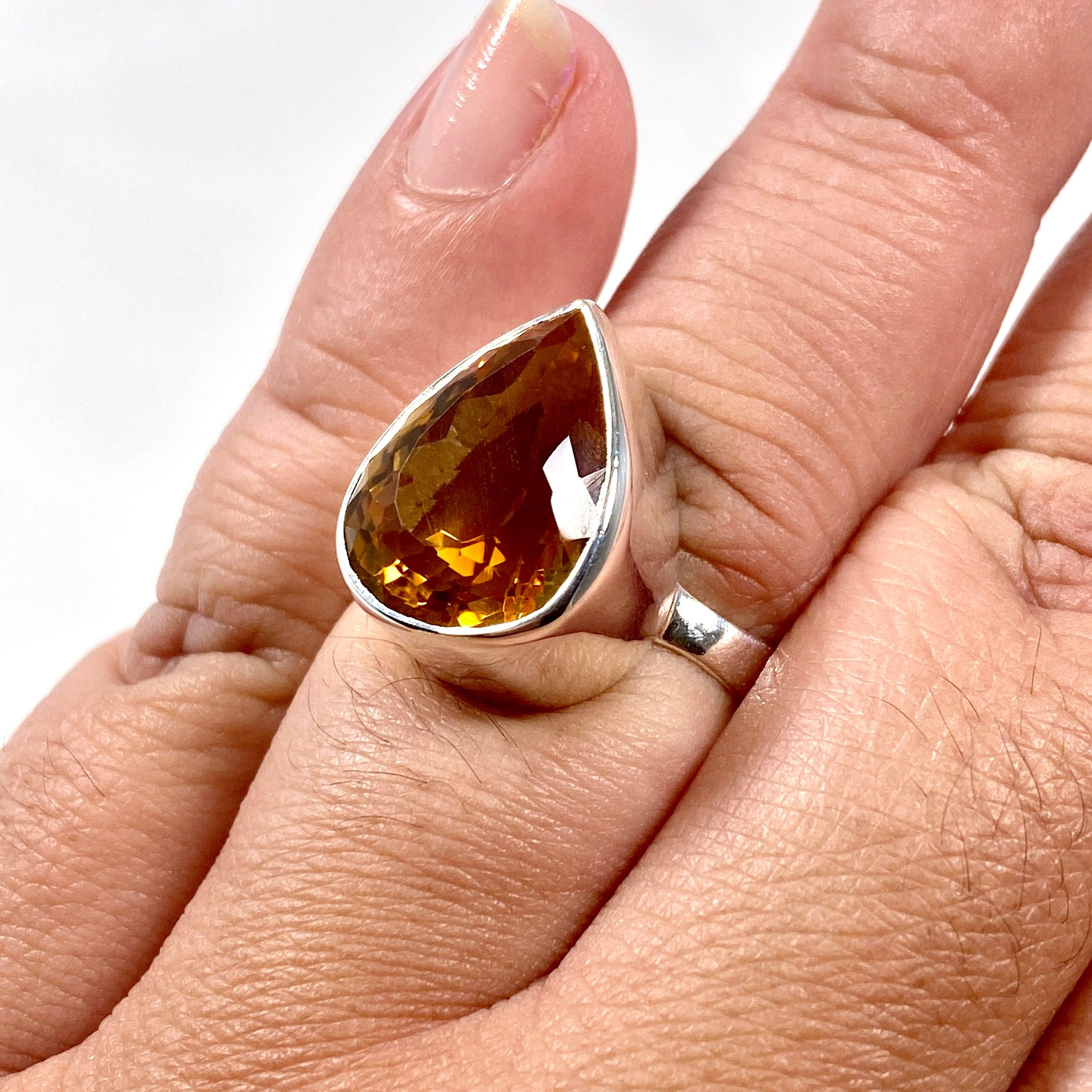 Natural Citrine Faceted Teardrop Ring - Size 10 - KRGJ2838 - Elegant Jewelry for Women, Perfect for Weddings, Parties & Everyday Wear