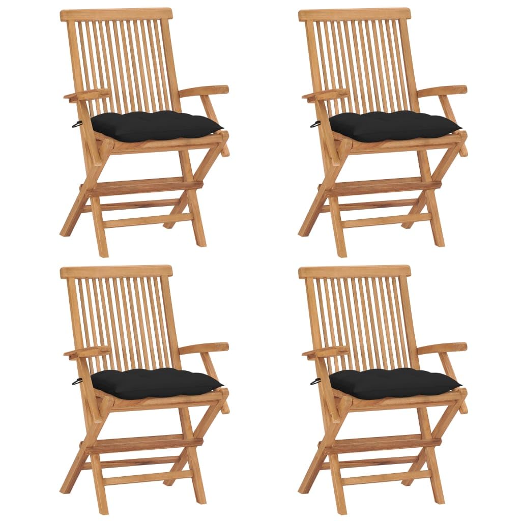 vidaXL 4-Piece Solid Teak Wood Patio Chair Set with Black Cushions - Outdoor Garden Furniture for Balcony, Backyard, Terrace, Dining & Lounge Seating - Weather-Resistant & Durable for Year-Round Use