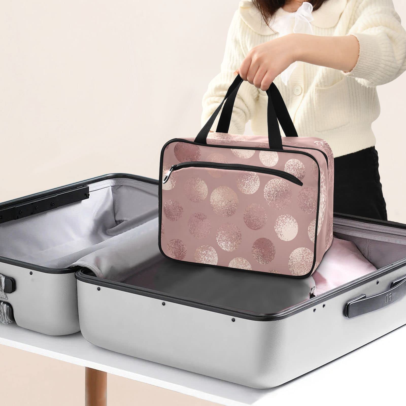 Rose Gold Polka Dots Travel Toiletry Bag - Large Cosmetic Organizer with Hanging Hook for Women | Perfect for Travel & Gym