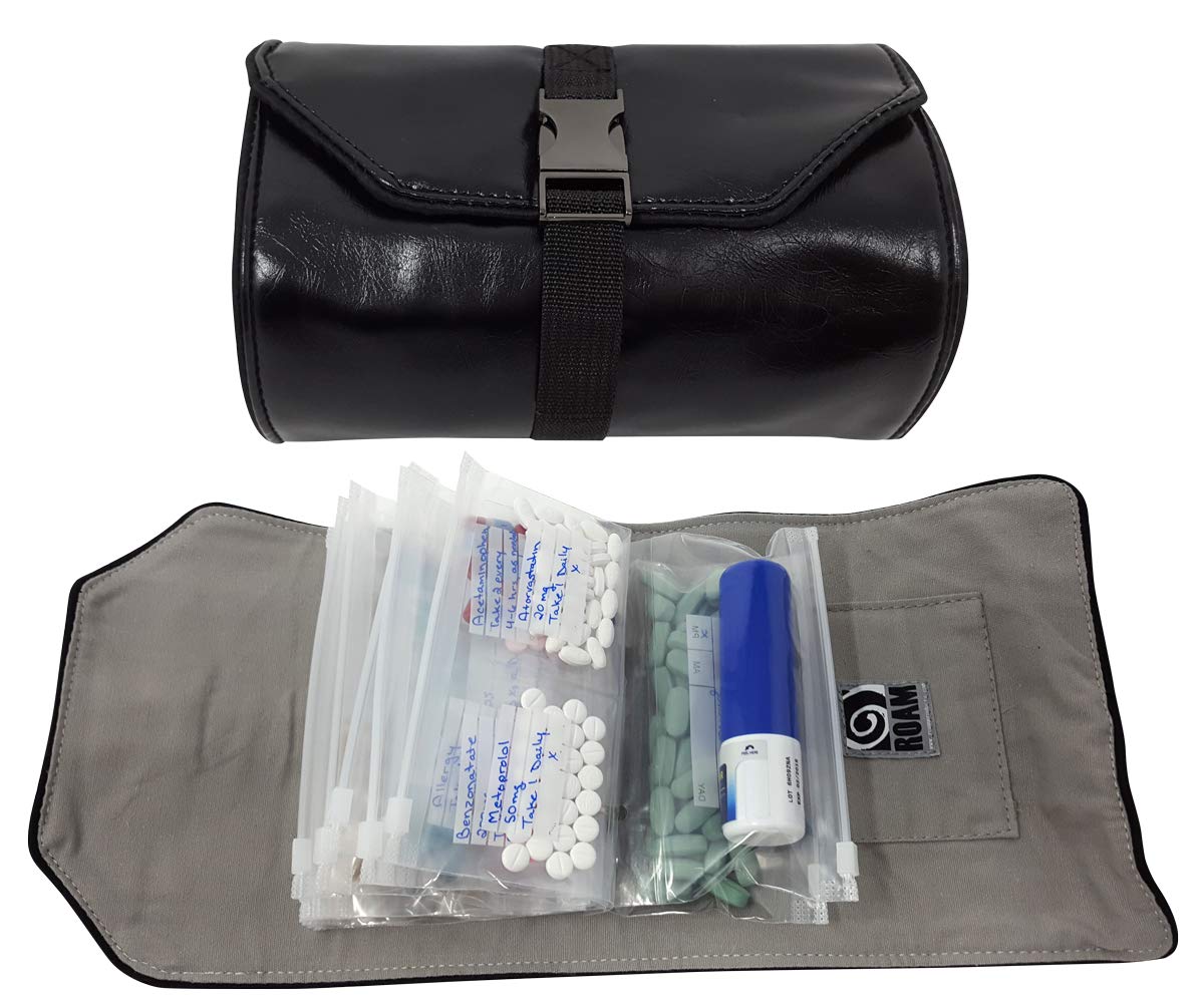 Portable Pill Organizer Wallet for Travel - Holds All Sizes of Medications (XS to XL), Pills, Drops, Sprays & Ointments with Secure Zipper Bags & Customizable Labels - Perfect for Daily Use, Business Trips, and Vacation Packing (Black)