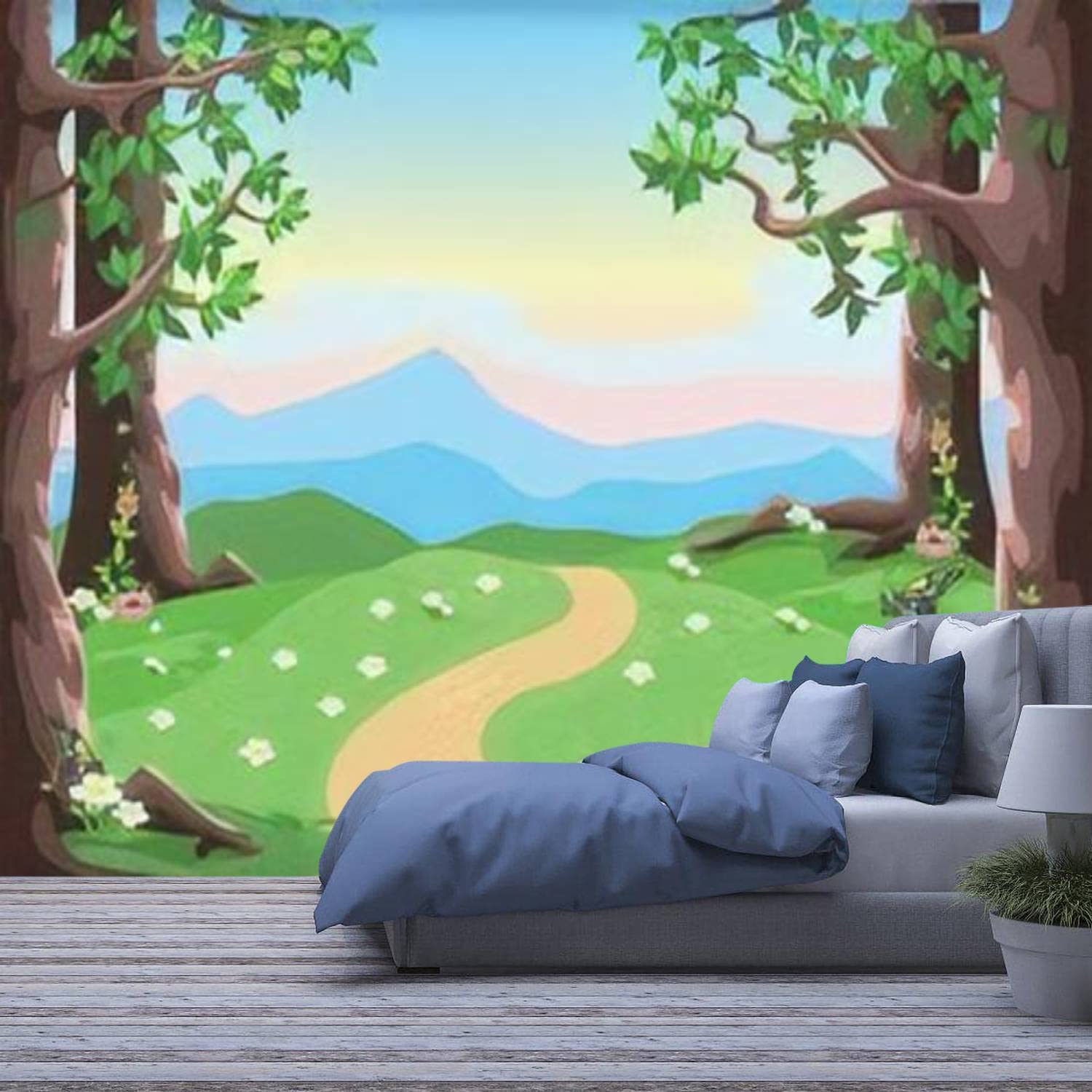 Modern 3D Removable Wallpaper - Self-Adhesive Fairytale Design with Trees, Butterflies, Flower Meadow & Mountains in Pink & Blue | Peel and Stick Wall Mural for Living Room, Bedroom, Nursery & Kids Room Decor | Easy DIY Home Improvement & Wall Art