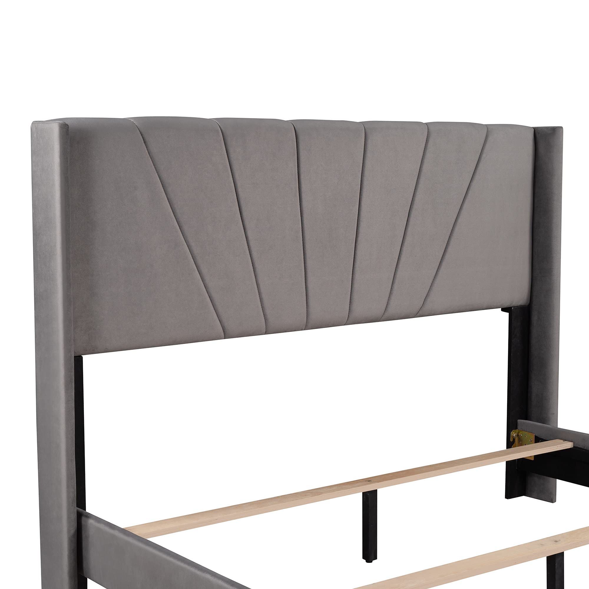 Merax Queen Size Velvet Upholstered Platform Bed Frame with Headboard - No Box Spring Needed, Modern Grey Bedroom Furniture for Master Bedroom & Guest Room