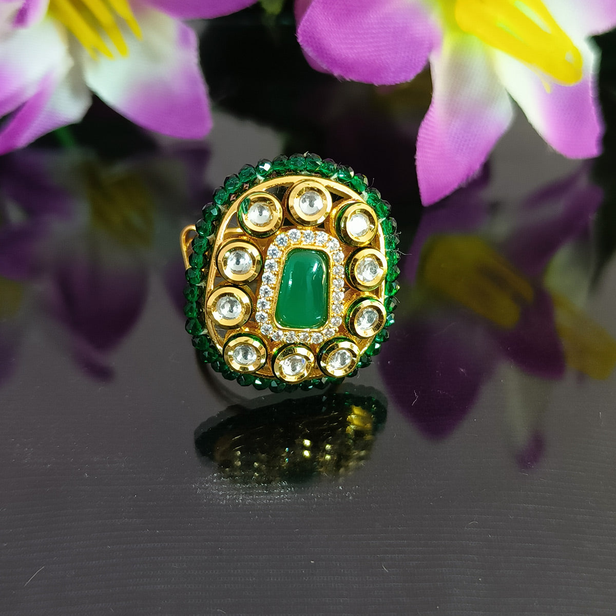 Exquisite Gold Plated Kundan Beaded Ring for Women | Handmade Indian Jewelry | Perfect for Weddings, Parties & Special Occasions