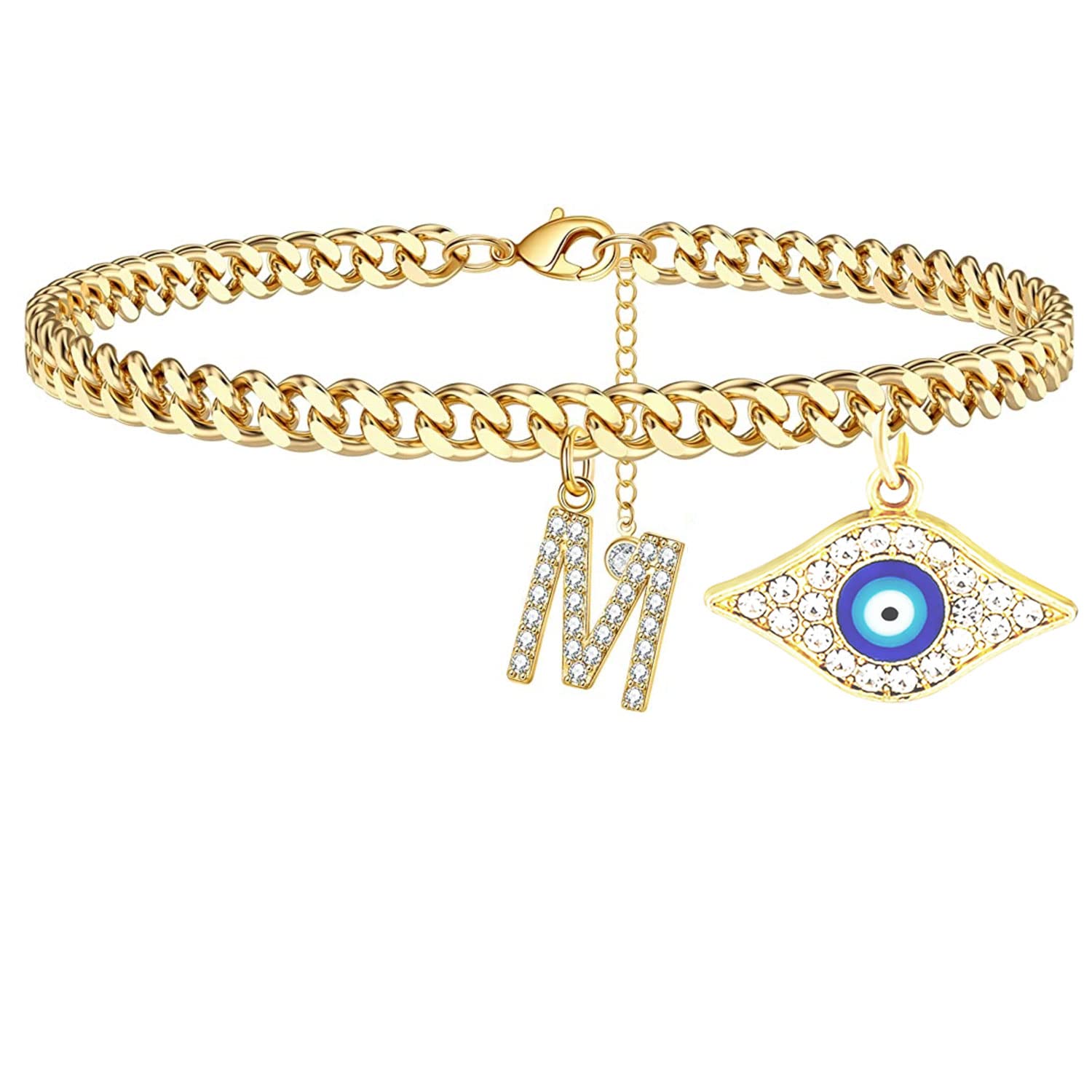 18K Gold Plated Dainty Cuban Link CZ Initial Anklet for Women - Evil Eye Protection Ankle Bracelet, Summer Jewelry Gift for Teen Girls & Women - Perfect for Beach Vacations, Date Nights and Everyday Wear