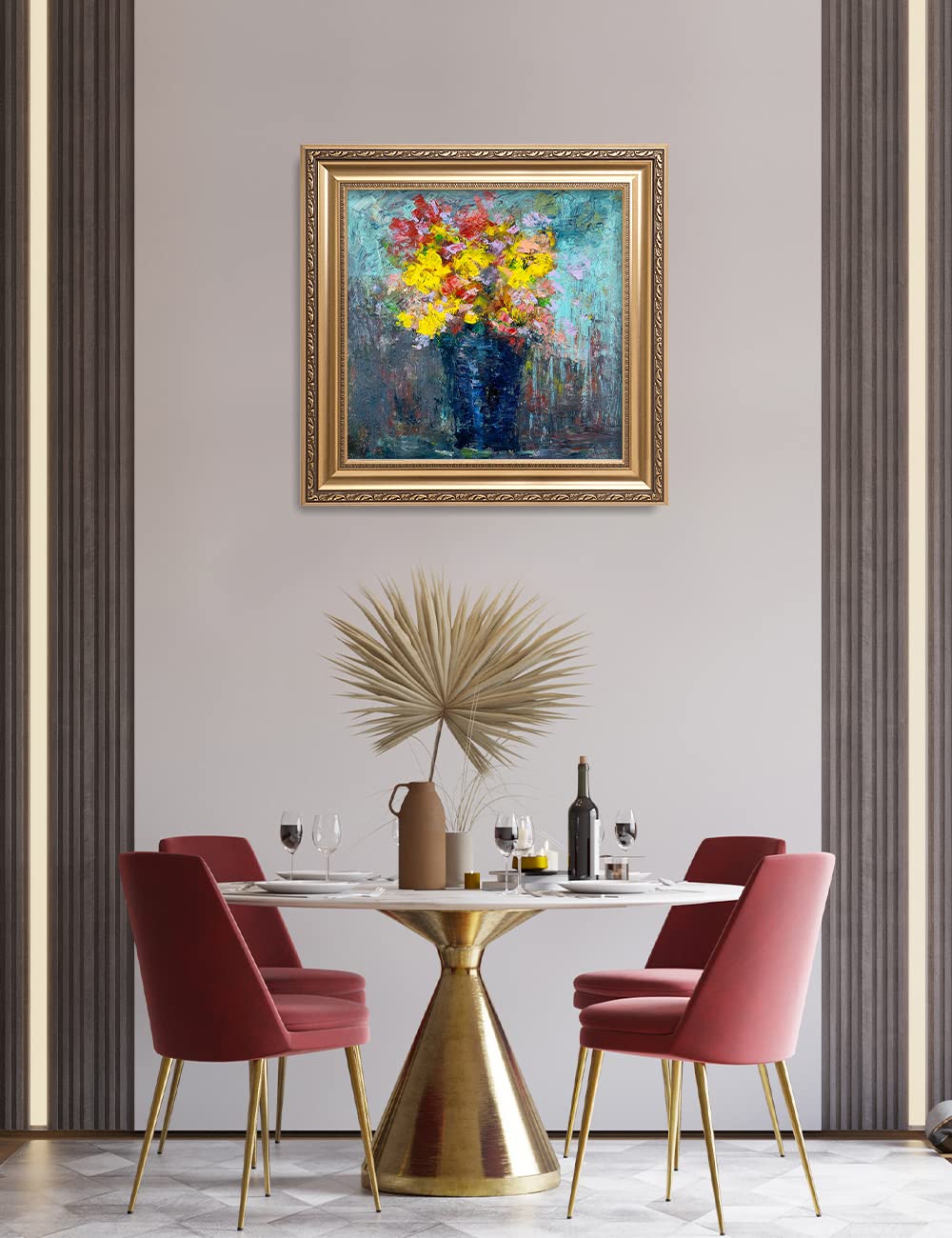 DECORARTS - After The Rain by David Ma - Floral Abstract Wall Art Print - Giclee on Canvas in Classic Golden Frame (26x26 Inches) - Ready to Hang - Perfect for Living Room, Bedroom & Office Decor
