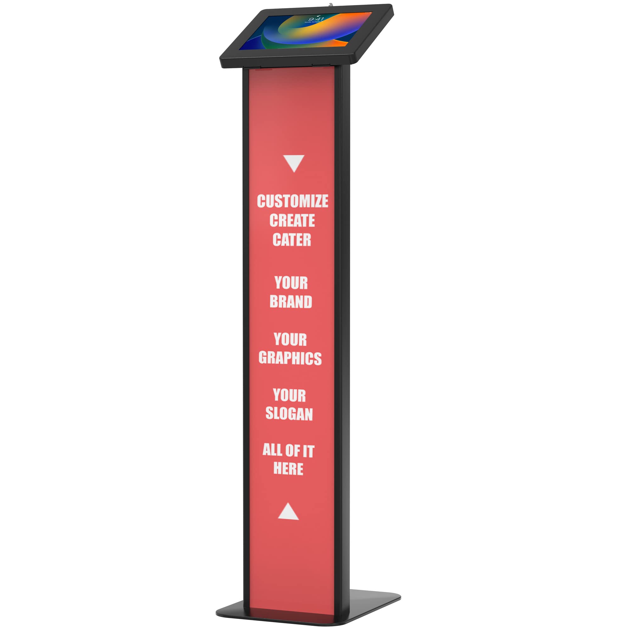 Premium Adjustable Kiosk Floor Stand for iPad 11 (A16), Pro 11-inch M4, Air 11-inch M3, iPad 10th Gen & Galaxy Tab - Customizable CTA Stand with Graphic Card Slot - Perfect for Retail Stores, Exhibitions & Digital Signage - Black