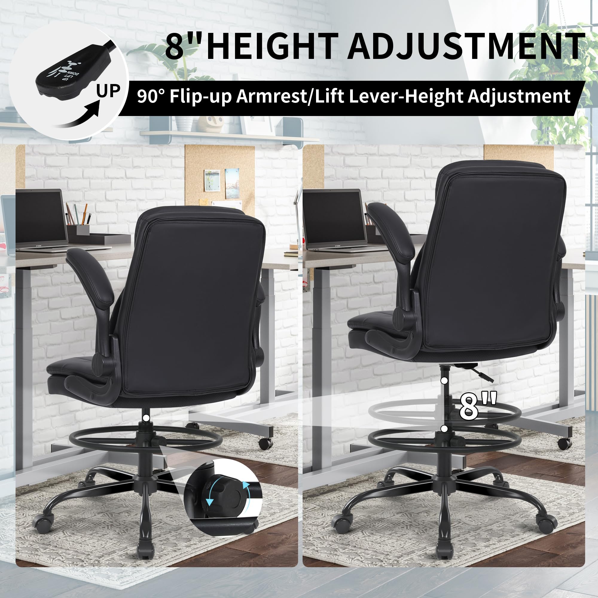 Misolant Adjustable Height Drafting Chair - Ergonomic High Office Chair for Standing Desks, Leather Executive Chair with Flip-Up Armrests - Perfect for Architects, Artists & Counter Height Workspaces