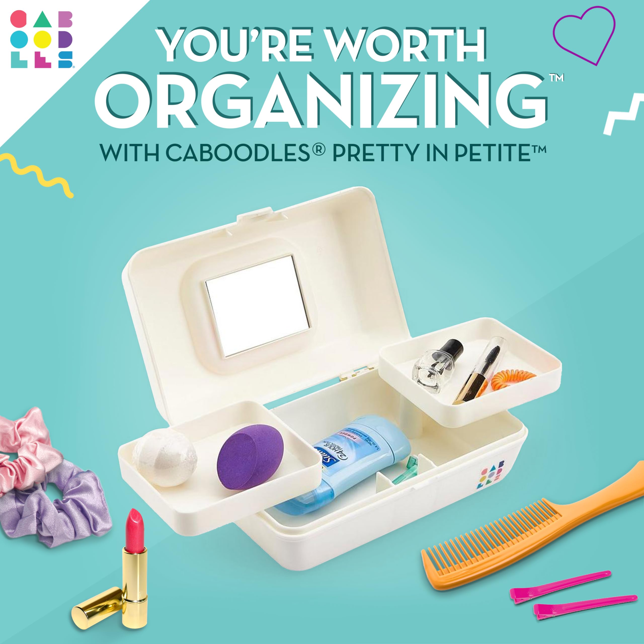 Caboodles Pretty in Petite Makeup Organizer Box - White Hard Plastic Cosmetic Case with 2 Swivel Trays & Fashion Mirror | Secure Travel Latch | Perfect for Travel, Home Vanity & On-the-Go Makeup Storage