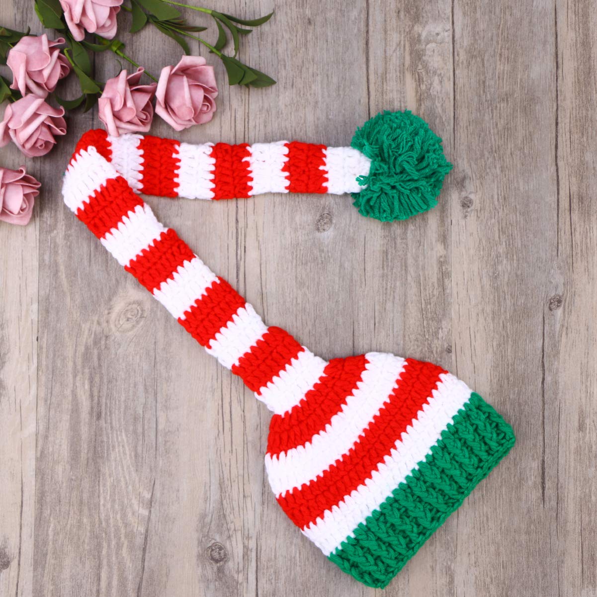 Baby Christmas Long Tail Crochet Beanie Knit Hat - Newborn Photoshoot Prop & Stocking Cap for Holiday Pictures, Winter Newborn Photography, Xmas Gift & Seasonal Accessories