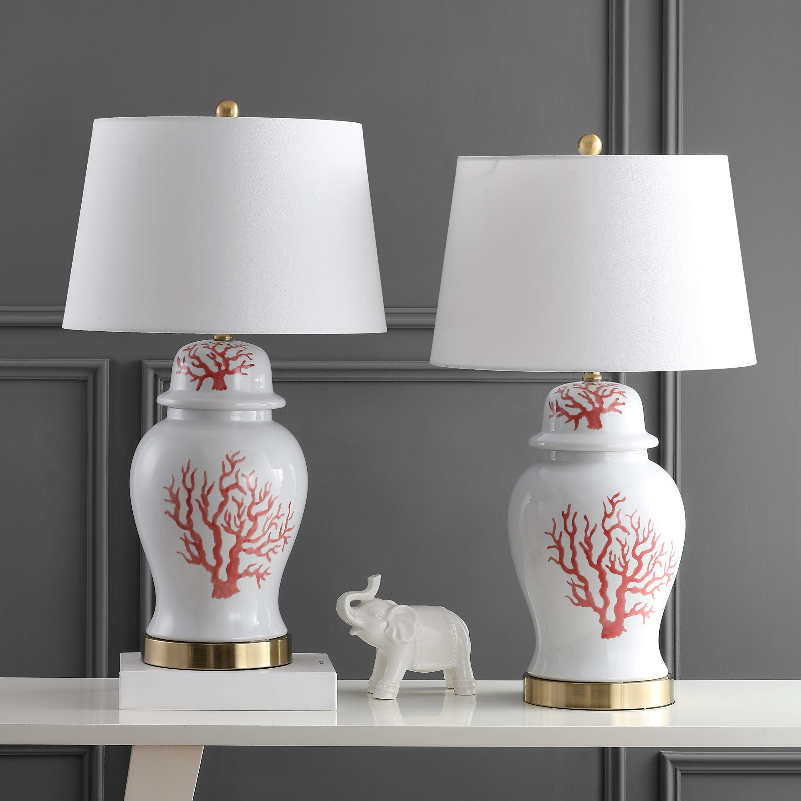 SAFAVIEH Lighting Collection Emory Coral Red/White 31-inch Table Lamp Set of 2 with LED Bulbs - Perfect for Bedroom, Living Room, Home Office & Nightstand Lighting