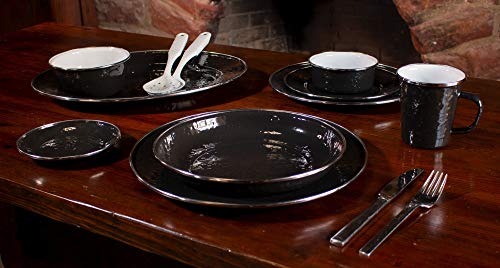 Premium Solid Black Enamelware Dinner Plates 10.5 Inch - Set of 4 Heavy Duty Porcelain-Coated Steel Plates for Rustic Dining, Camping & Outdoor Picnics