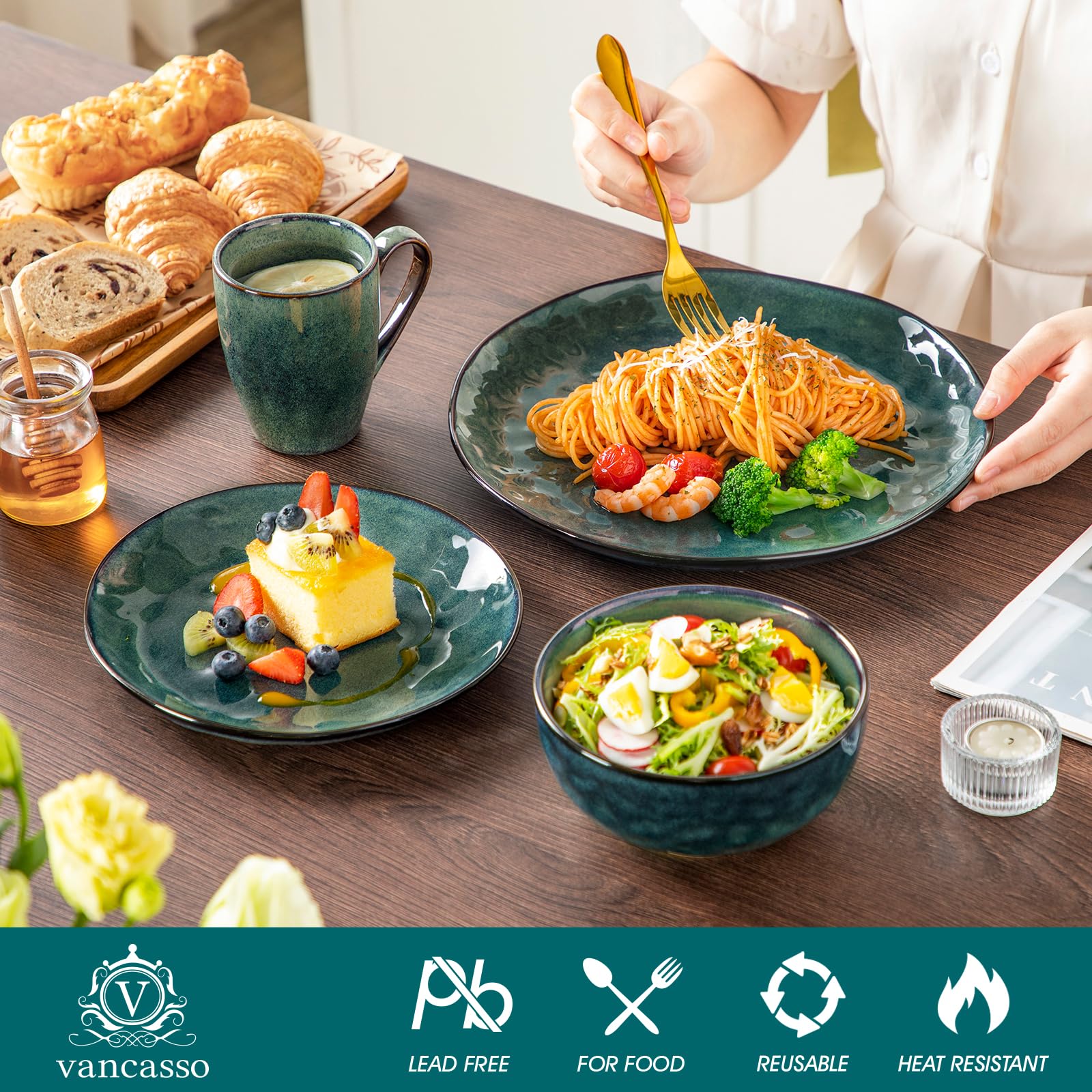 Vancasso Starry 16-Piece Green Dinnerware Set - Reactive Glaze Change Ceramic Plates & Bowls - Elegant Tableware for Dinner Parties, Restaurants & Home Decor