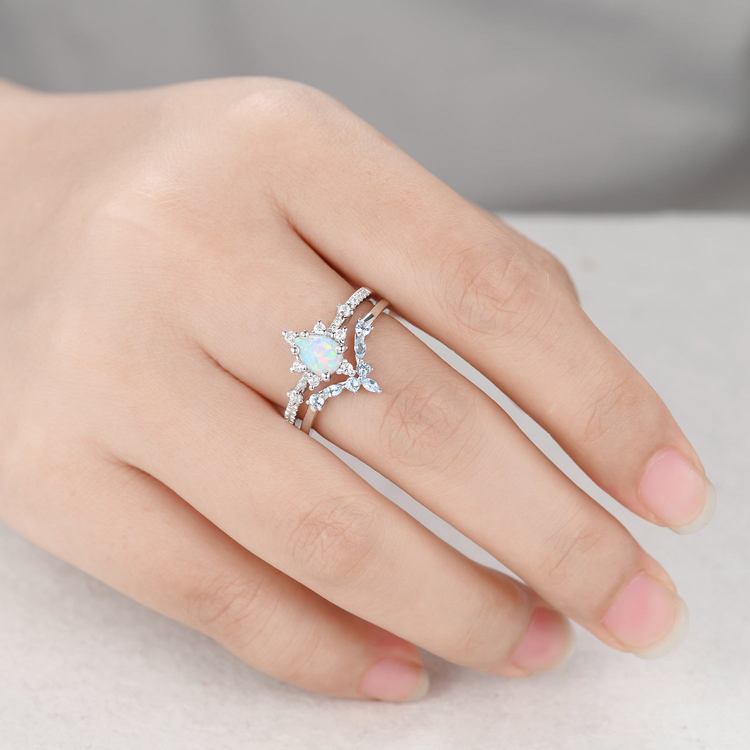 Vintage Opal Wedding Ring Set - 14k White Gold with Blue Topaz Curved Band for Brides, Engagement, Anniversary & Special Occasions