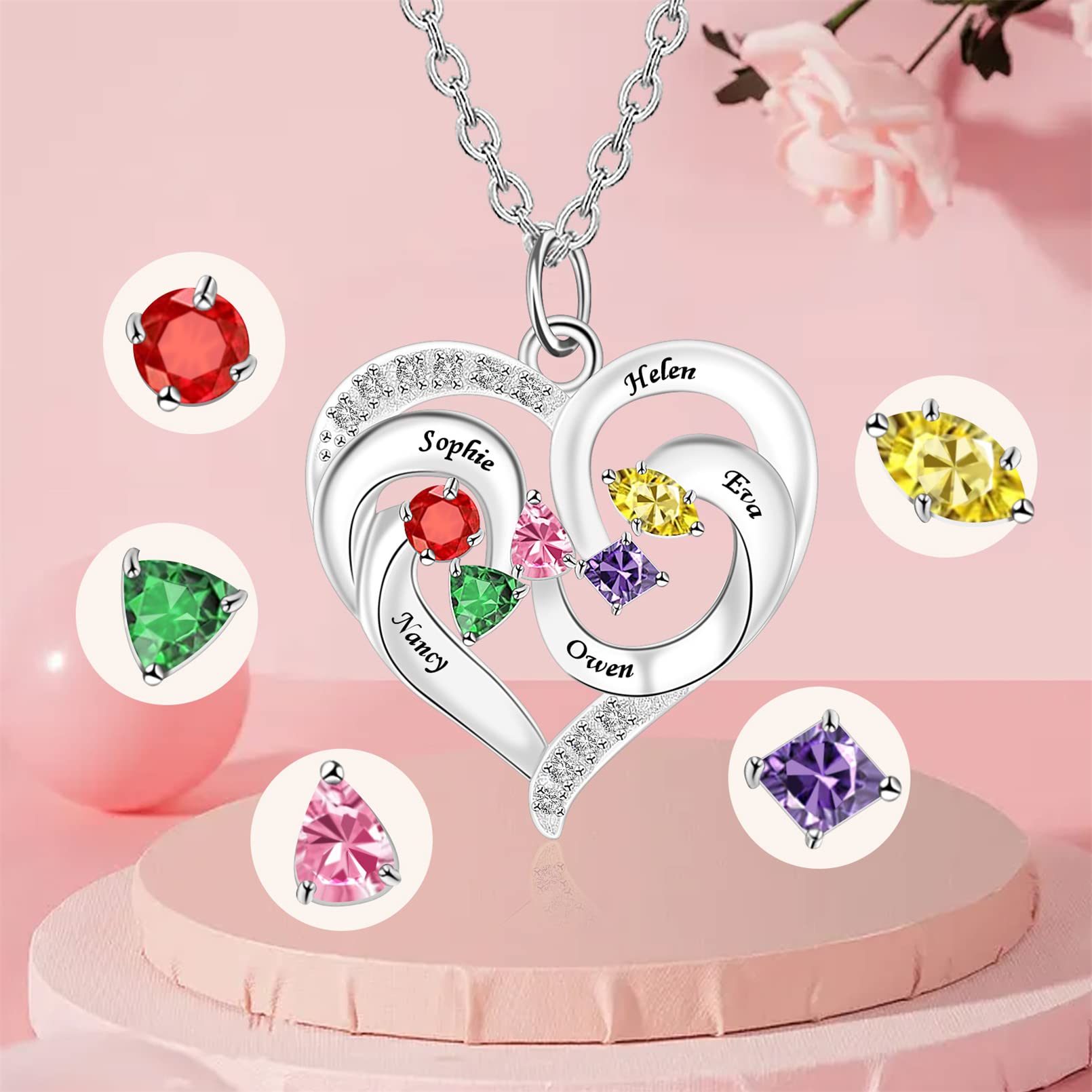 MissNaNa Personalized Birthstone Necklace for Mom, Women, Wife - Custom Name Jewelry with 1-5 Names in Round, Triangle, Pentagon, Princess & Pear Cuts - Perfect Gift for Mother's Day, Birthday & Anniversary