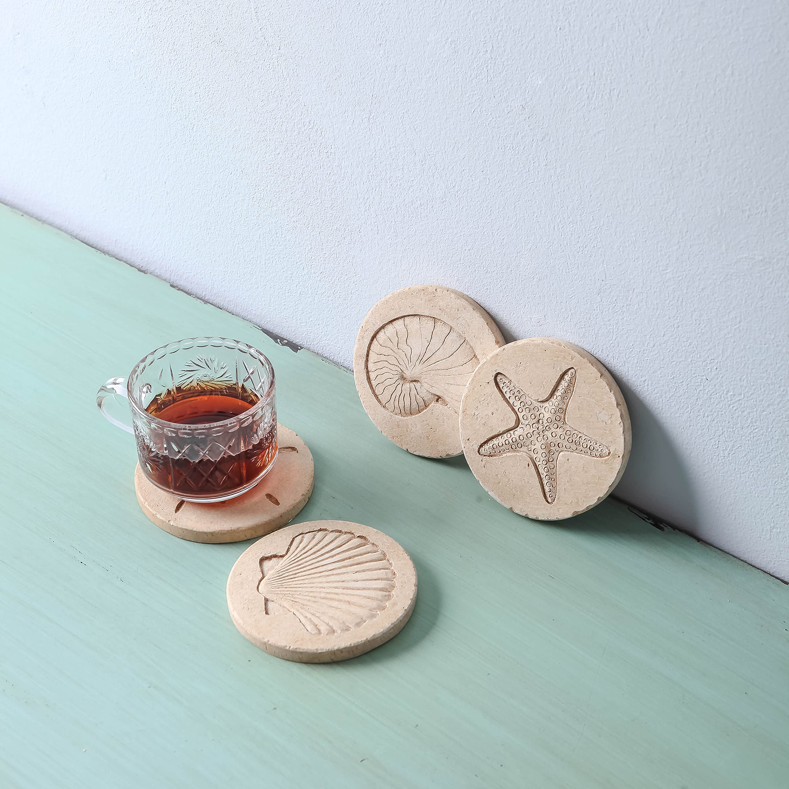 4-Pack Absorbent Nautical Beach Coasters with Cork Base - Marble Style Resin Starfish & Seashell Design - Perfect for Summer Drinks, Outdoor Parties & Housewarming Gifts (4