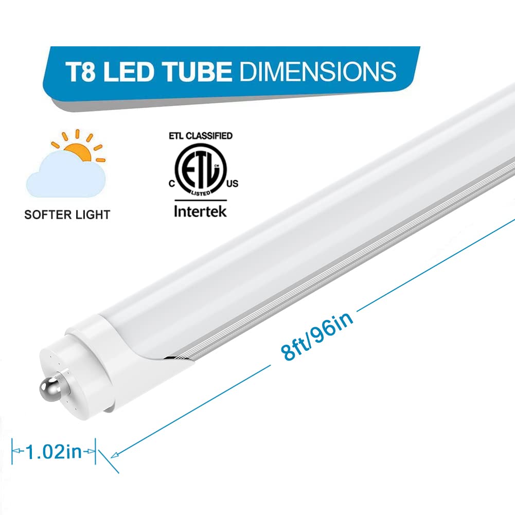 CNSUNWAY 8FT LED Light Bulbs 45W 5400LM 6000K Super Bright - FA8 Single Pin LED Tube with Frosted Cover, Ballast Bypass - F96T12 Fluorescent Replacement Bulbs (25-Pack) ETL Certified - Perfect for Warehouse, Garage, Office and Commercial Lighting