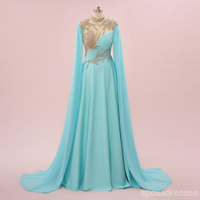Elegant Blue A-Line Long Sleeve Maxi Party Prom Evening Dress for Women - Formal Gowns for Homecoming, Wedding Guest & Special Occasions