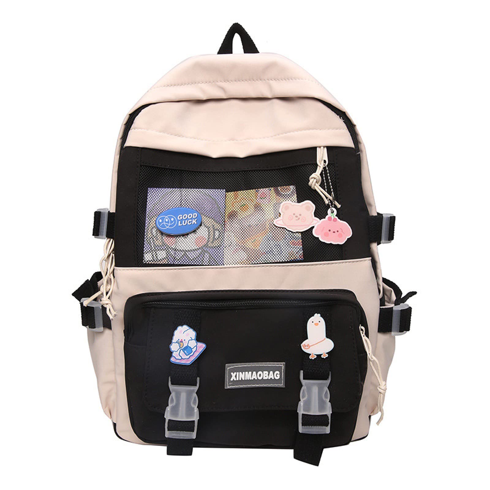 **PEXIZUAN Cute Floral Backpack for Girls - Kawaii School Bag, Travel Backpack with Adorable Pins & Accessories (Pink/Black) - Perfect for School, College, Travel & Daily Use**