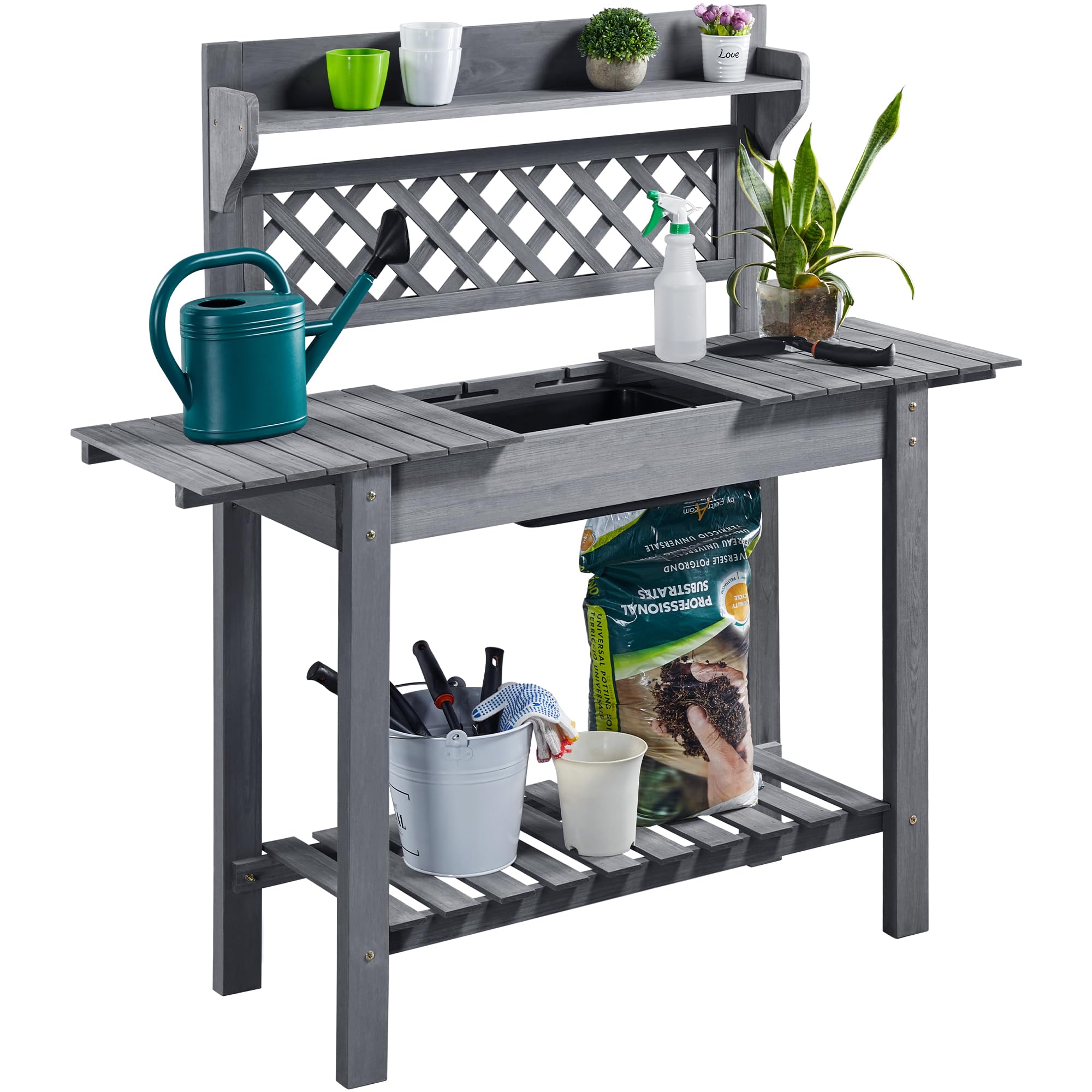 Topeakmart Wooden Potting Table with Sliding Tabletop & Removable Dry Sink - Outdoor Garden Workbench with Storage Shelves for Planting, Gardening - Perfect for Backyard, Patio, Greenhouse (Gray)