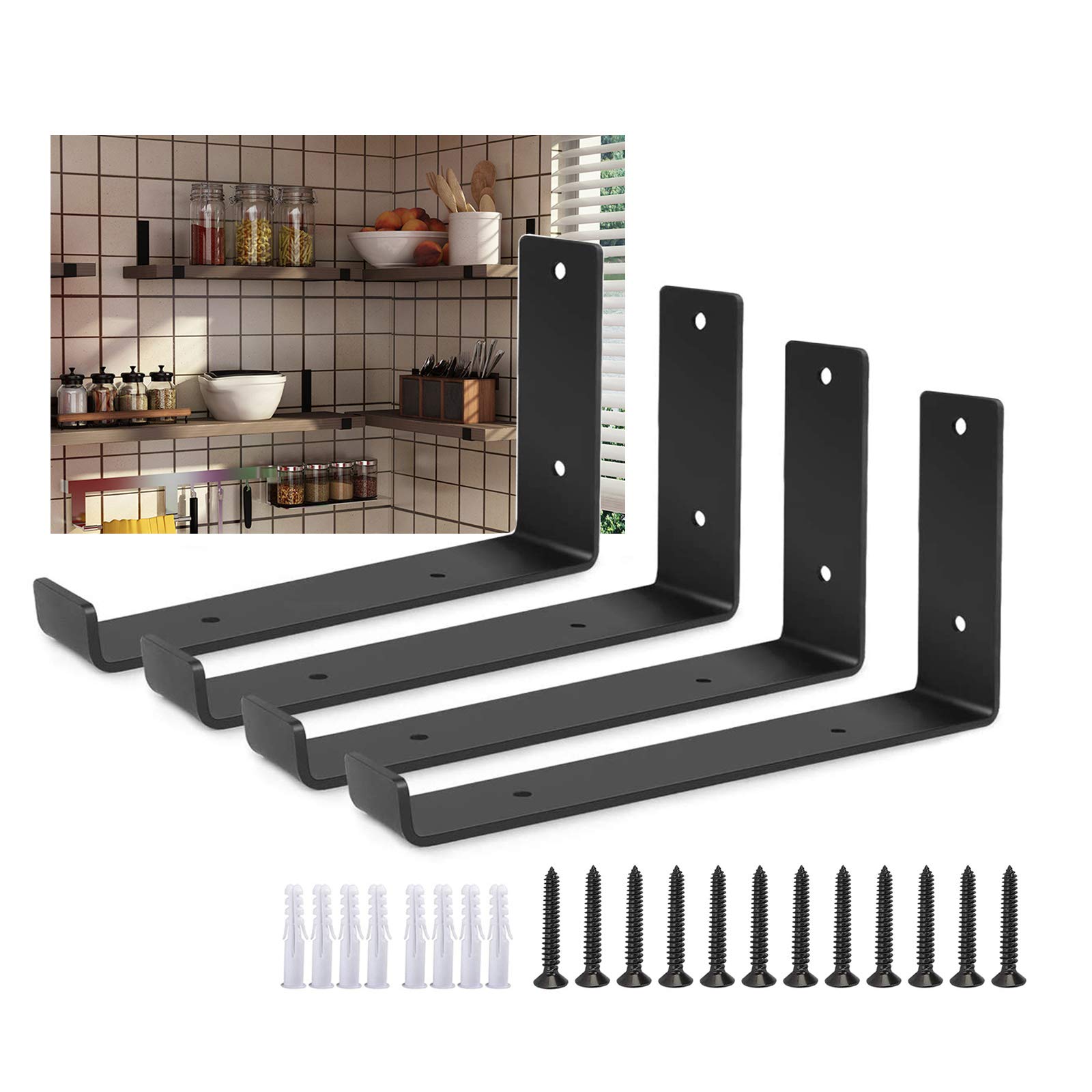 4Pcs Black Metal Floating Shelf Brackets - Heavy Duty Wall Mounted Shelves with Screws, Vintage Industrial Rustic Scaffold Board Support for Home & Office Decor | Perfect for Living Room, Bedroom, Kitchen Storage and Display