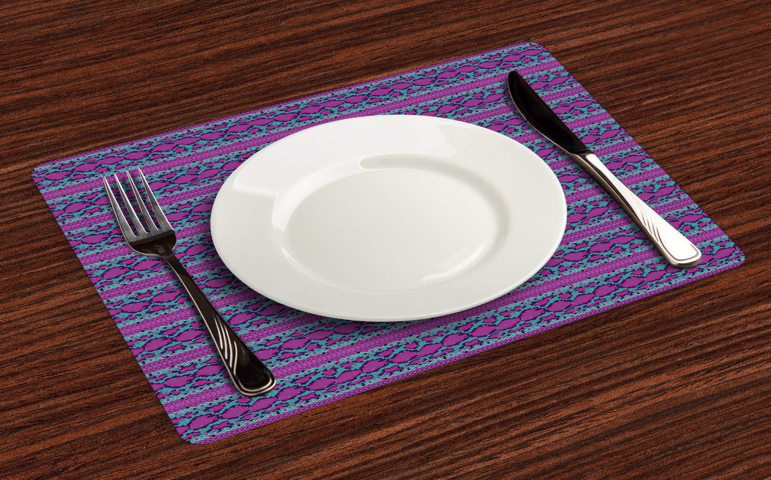 Ambesonne 4-Piece Snakeskin Print Placemats Set - Glamorous Wild Animal Skin Design, Washable Fabric Table Mats for Dining Room & Kitchen Decor in Fuchsia, Turquoise, Dark Purple - Perfect for Dinner Parties, Holiday Gatherings & Stylish Home Decor