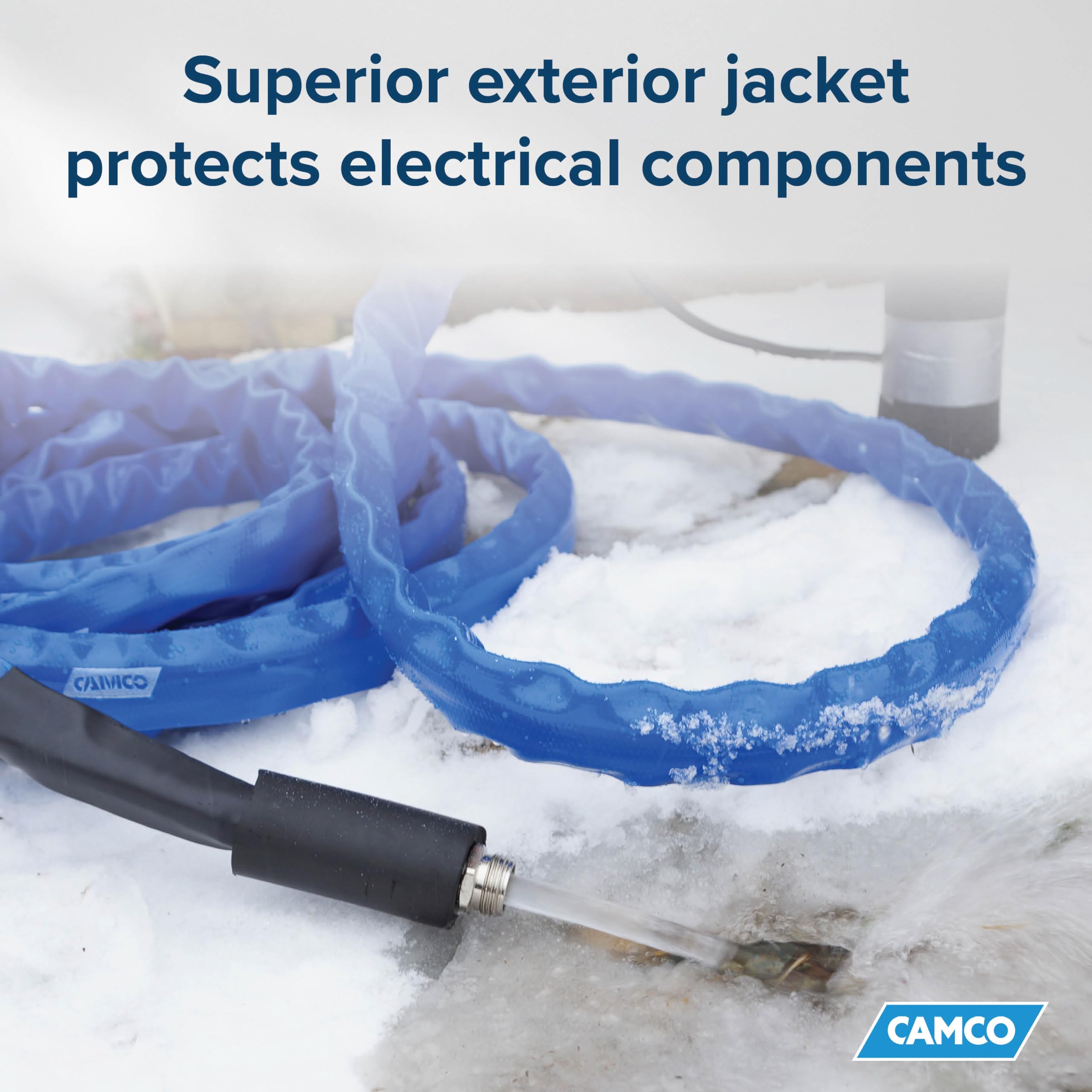Camco 50-Ft Heated RV Water Hose with Freeze Protection Down to -40°F/-40°C | Energy-Saving Thermostat | Includes Dual-End Adapter | Perfect for Winter Camping & RV Travel