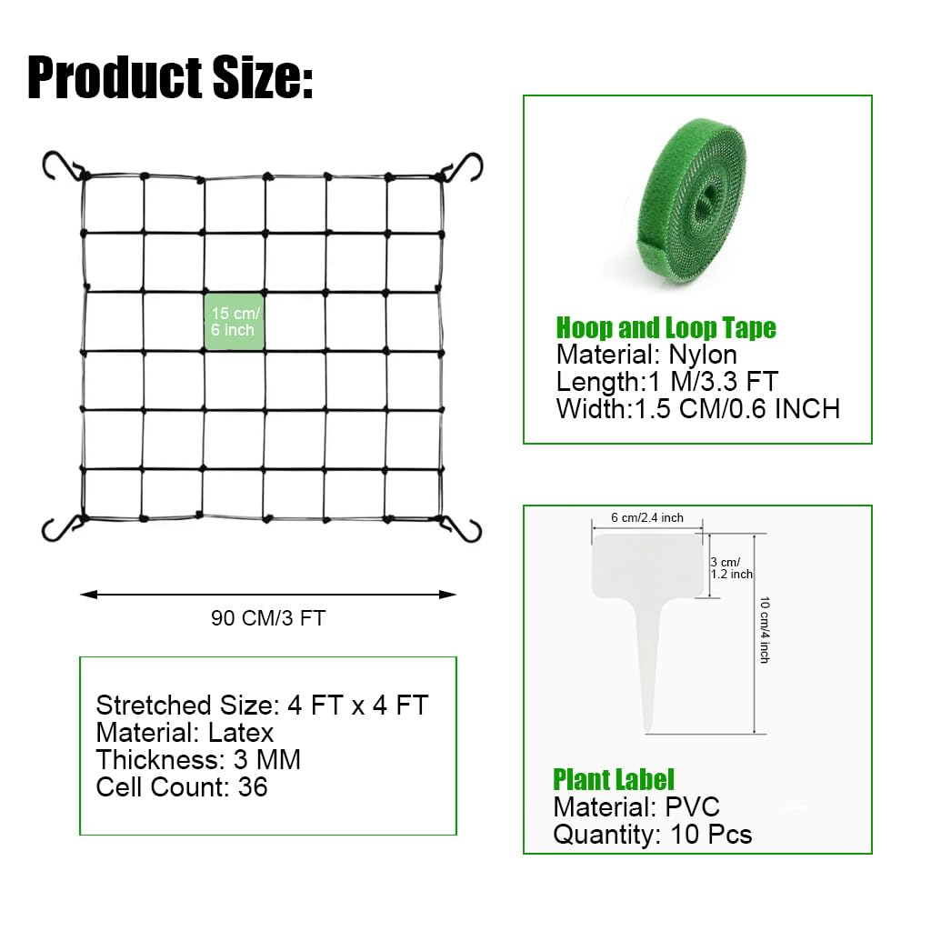 2 Pack Elastic Trellis Net for Grow Tent - 4'x4' Plant Support Net with 8 Hooks for Indoor Gardening, Climbing Plants, and Hydroponic Systems - Perfect for Tomatoes, Cucumbers, and Cannabis Cultivation